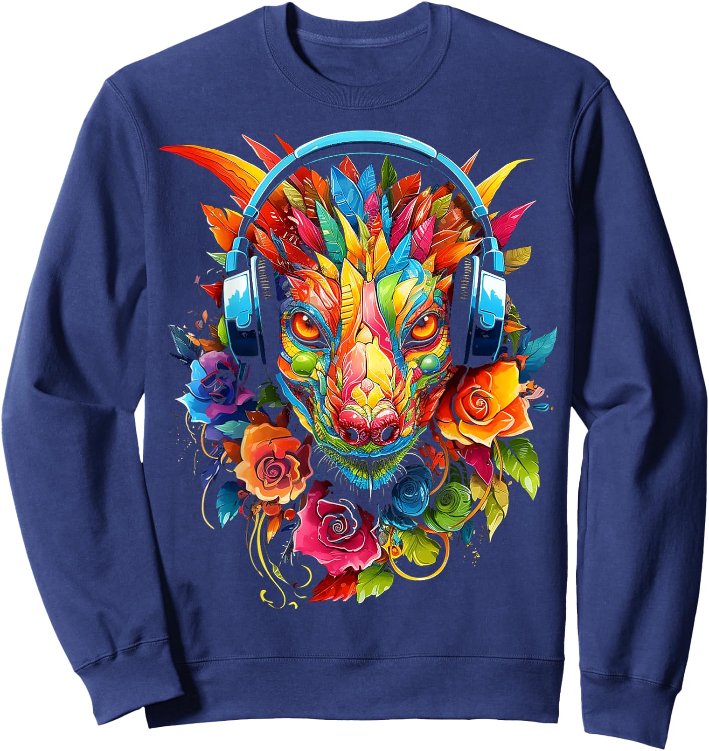 Dragon Headphones Art Colorful Flowers Graphic Anime Sweatshirt - Sweatshirt | Navy
