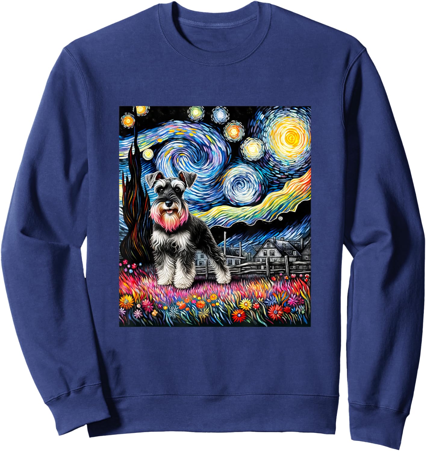 Miniature Schnauzer Dog Van Gogh Starry Night Painting Sweatshirt - Sweatshirt | Navy