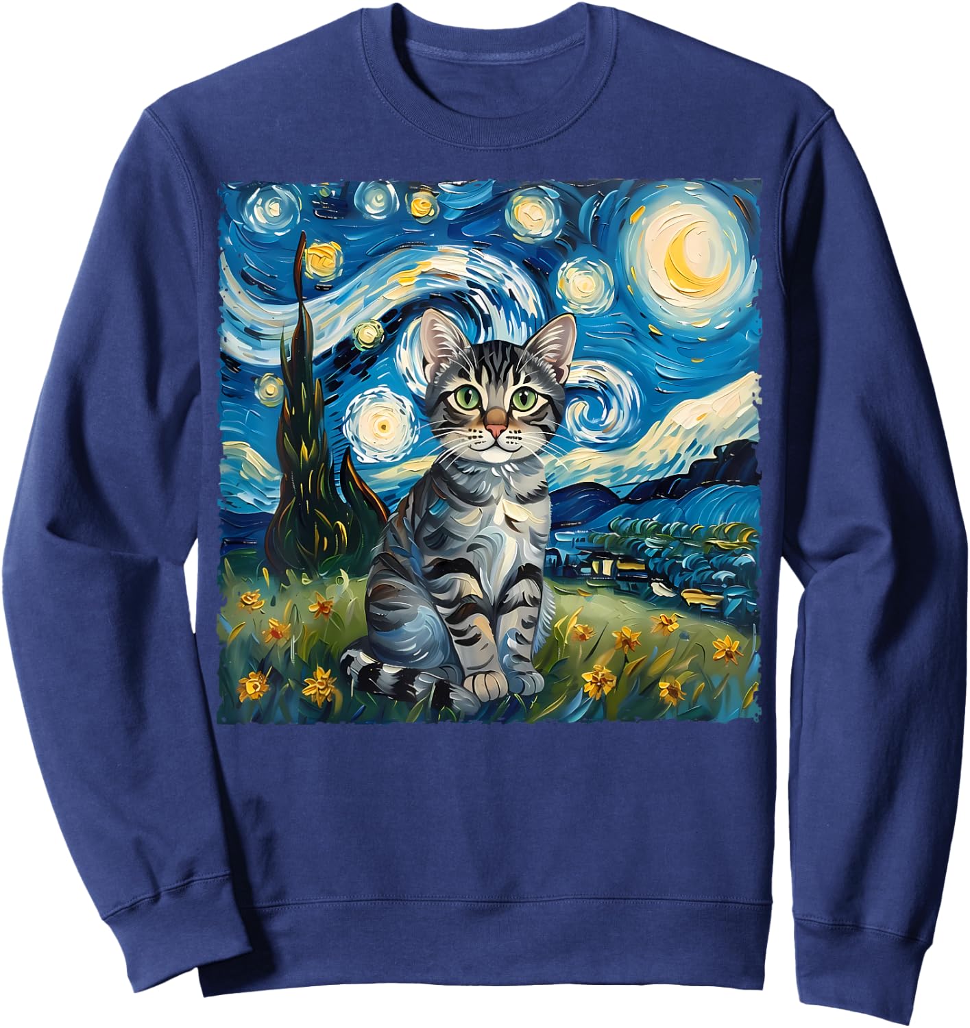 Van Gogh Style Funny Gray Tabby Tiger Cat Lover Starry Night Sweatshirt - Sweatshirt | Navy
