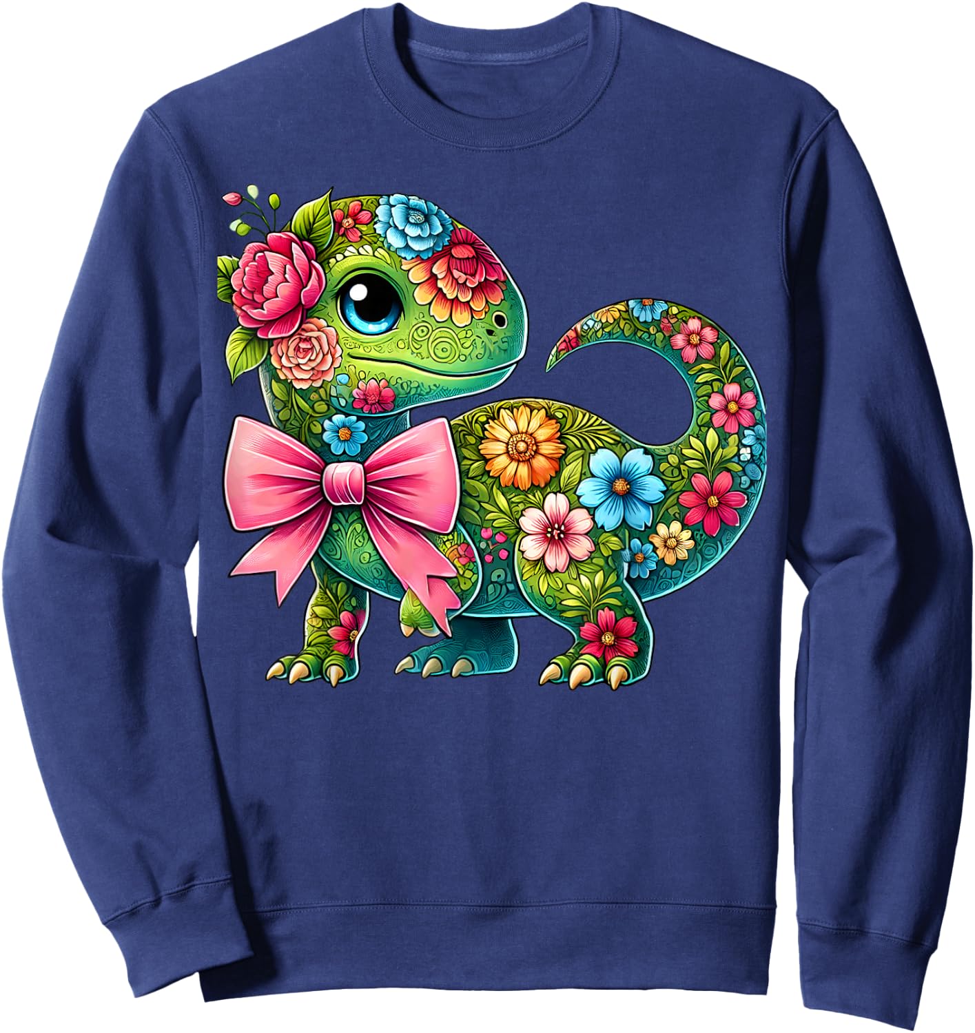 Floral Dinosaur Flower Cute Coquette Bow Graphic Women Girls Sweatshirt - Sweatshirt | Navy