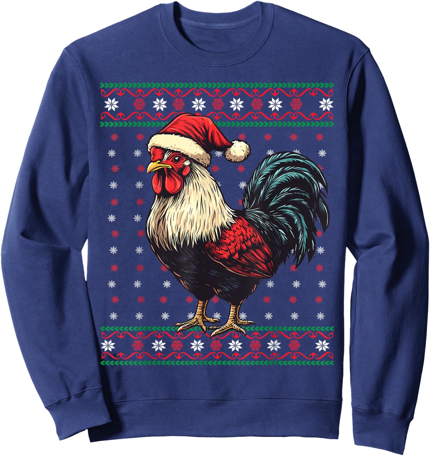 Ugly Christmas Sweater Rooster Santa Hat Funny Holiday Sweatshirt - Sweatshirt | Navy