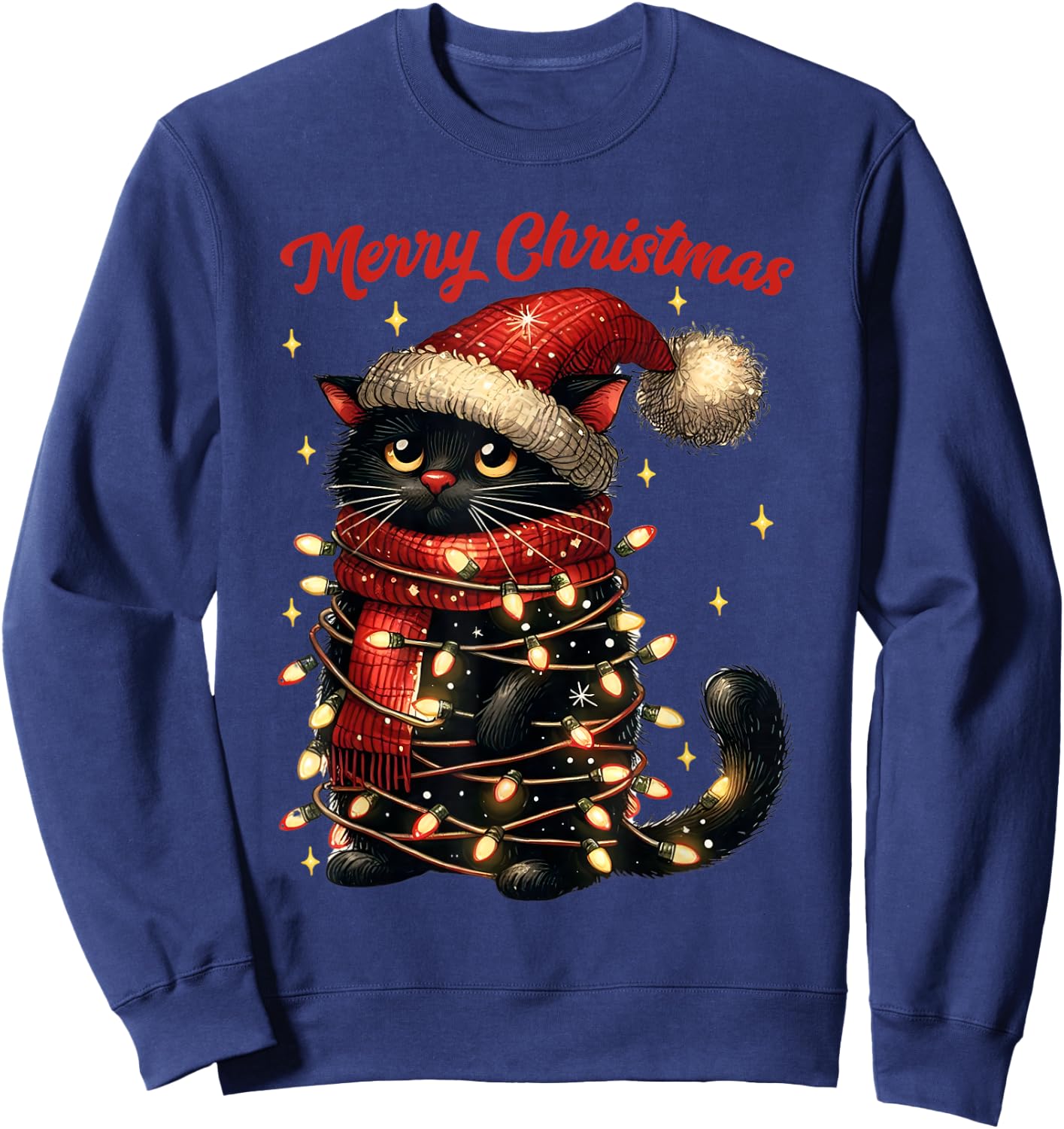 Christmas Outfit Cat with Christmas Lights Christmas , black Sweatshirt - Sweatshirt | Navy