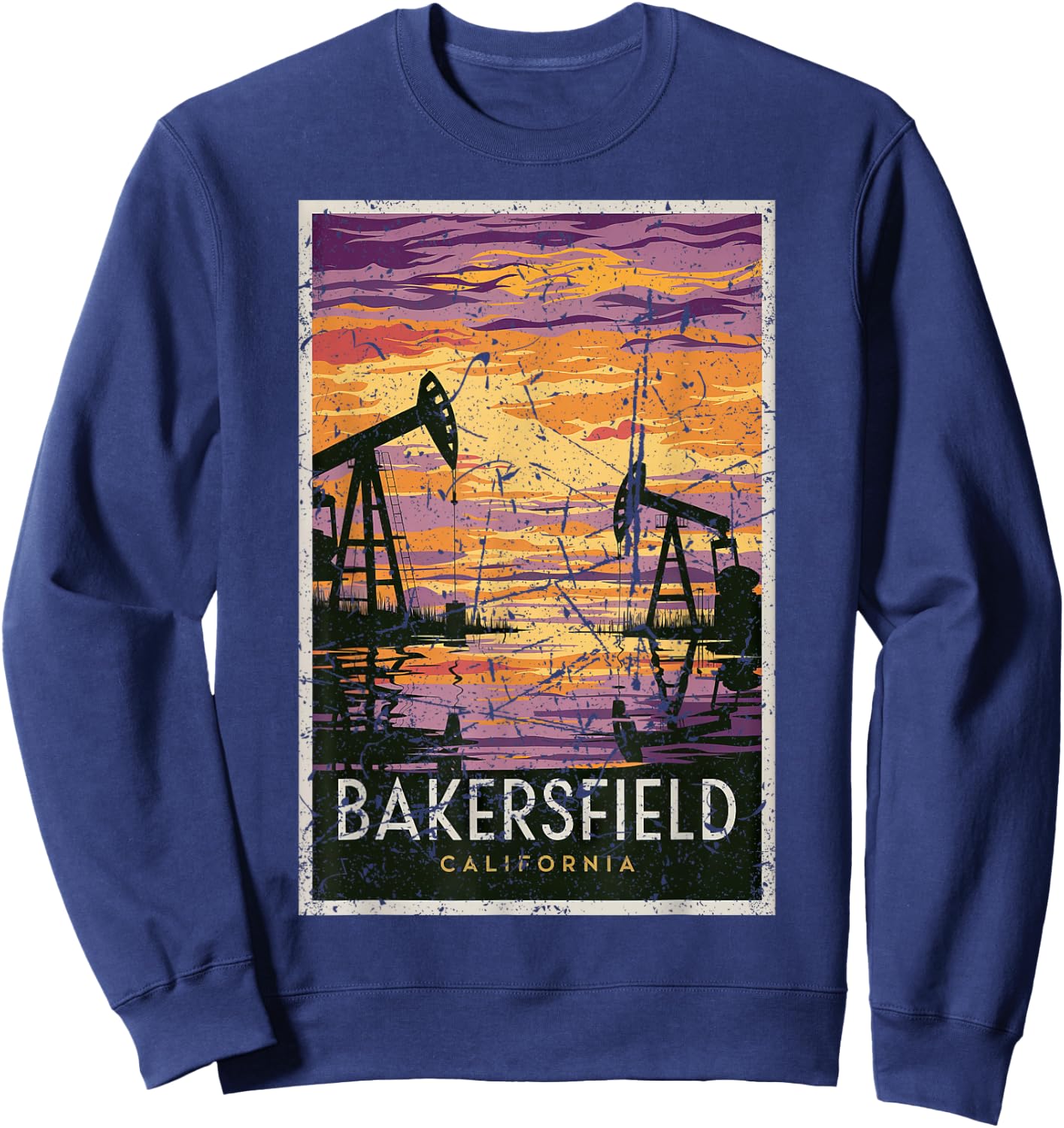 Bakersfield Sunset Oil Fields Retro Travel Art Print Sweatshirt - Sweatshirt | Navy