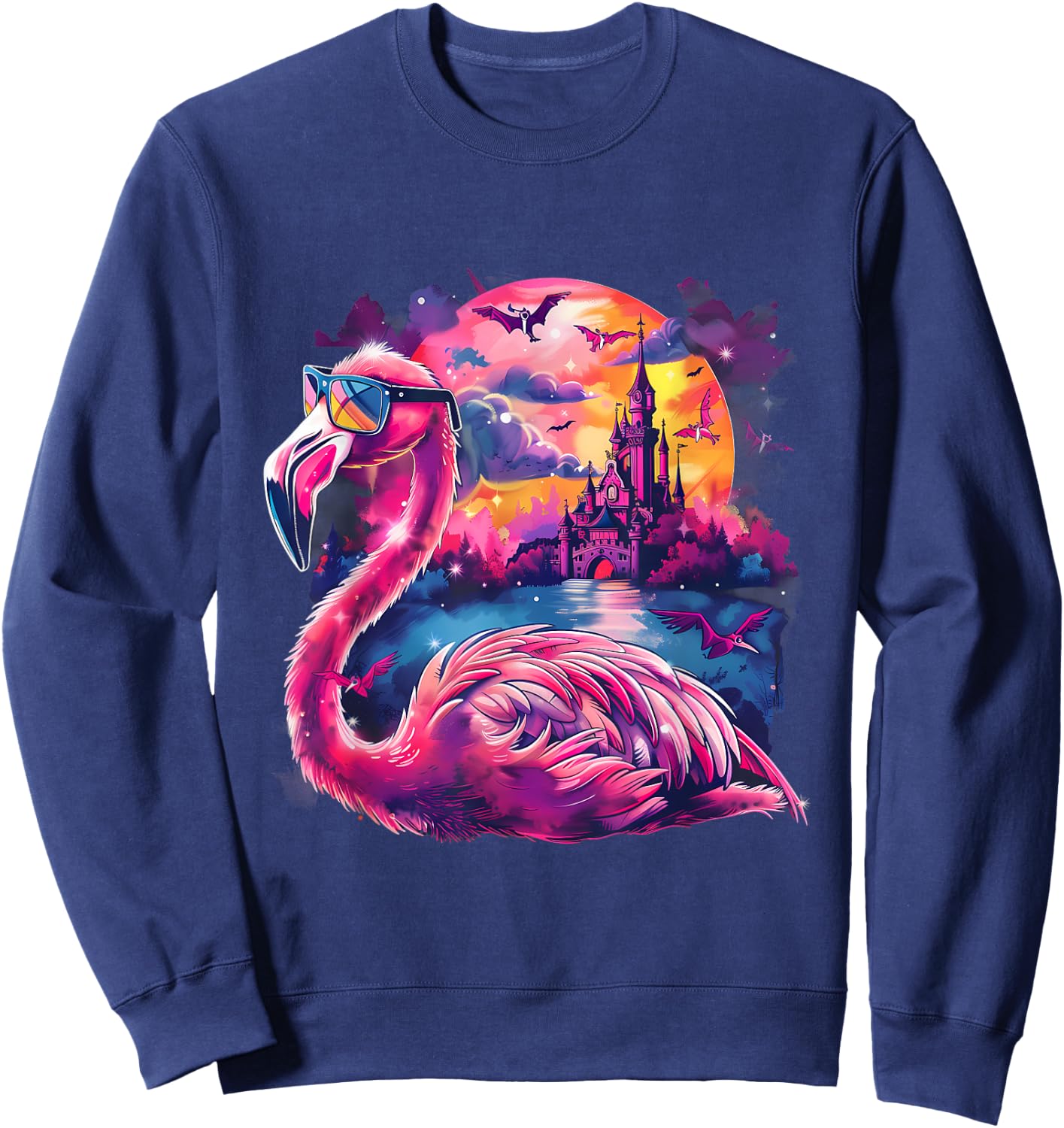 Halloween Flamingo Bats Haunted Castle Trick Or Treat Moon Sweatshirt - Sweatshirt | Navy