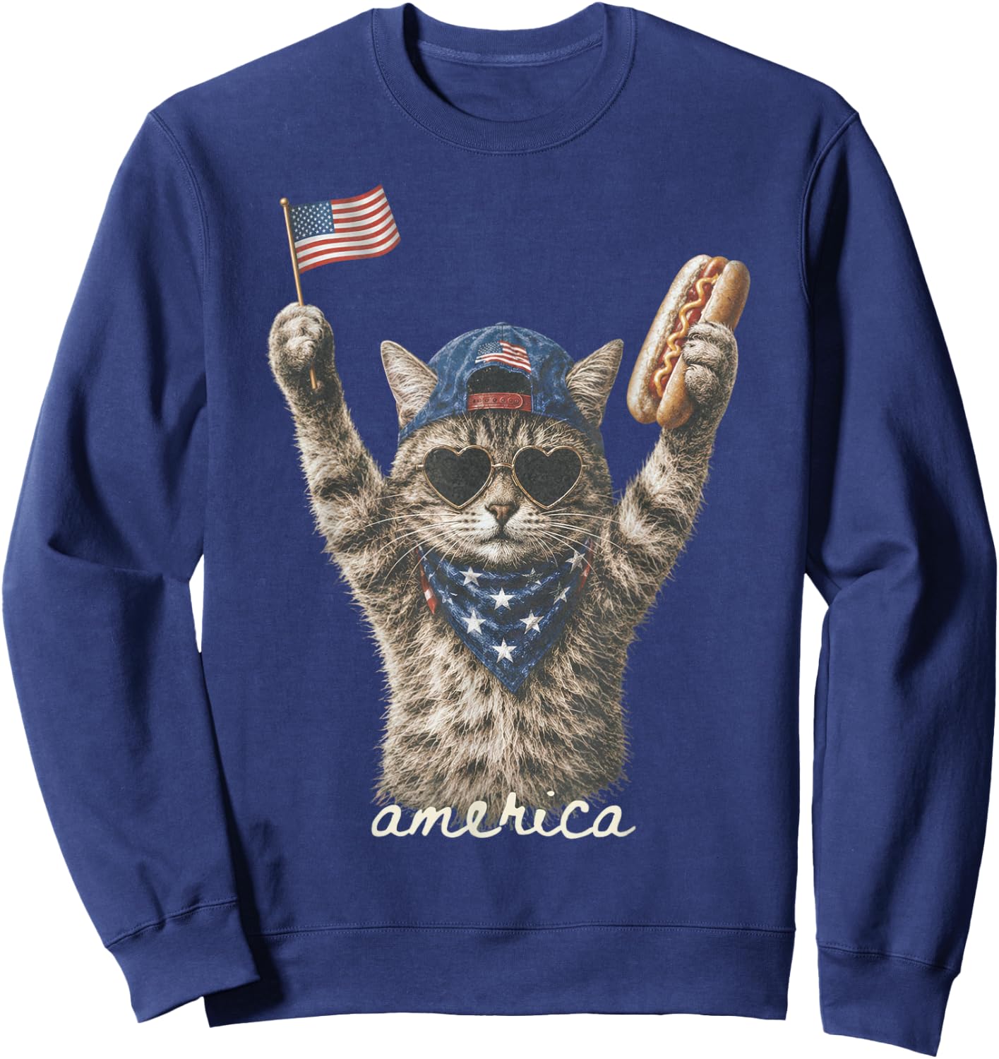 Funny America Cat Hotdog 4th of July US Flag Patriotic Sweatshirt - Sweatshirt | Navy