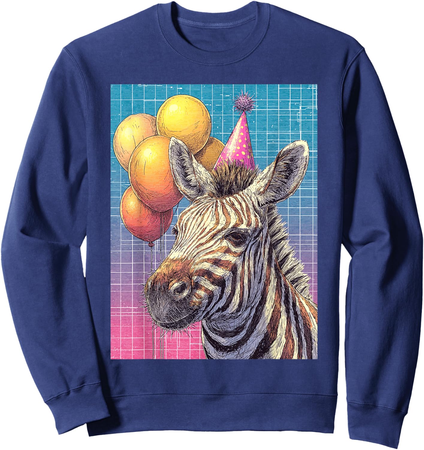 Zebra Synthwave Print Birthday Party Balloons & Party Hat Sweatshirt - Sweatshirt | Navy