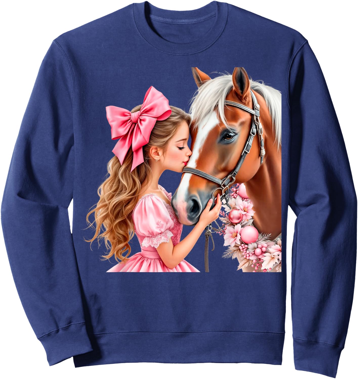 Horse Christmas Girl Equestrian Rider Cowgirl Pink Floral Sweatshirt - Sweatshirt | Navy