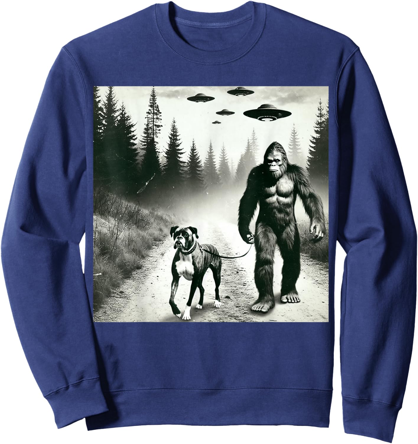 Funny Bigfoot Walking With Boxer Dog. Bigfoot And Dog UFO Sweatshirt - Sweatshirt | Navy