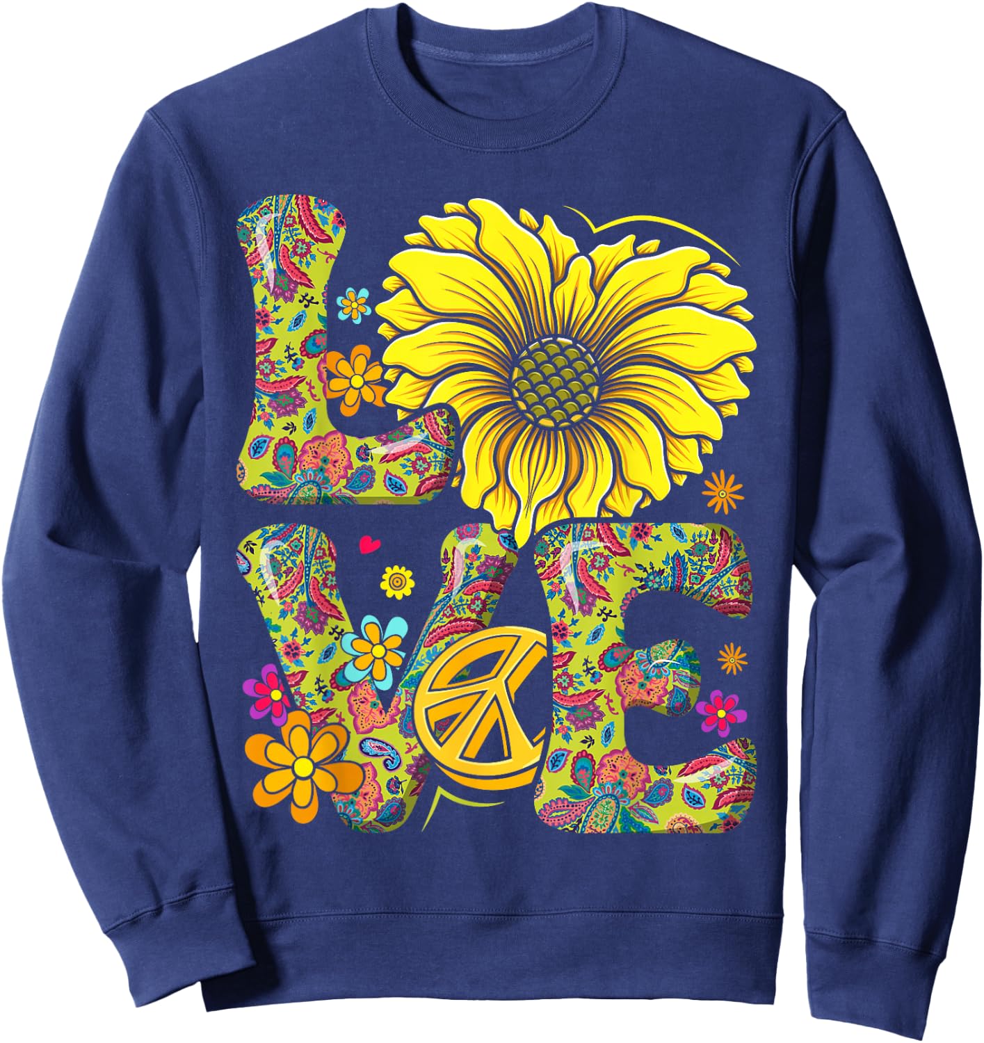 Flower Power Love Retro Hippie 60s 70s Peace , black Sweatshirt - Sweatshirt | Navy