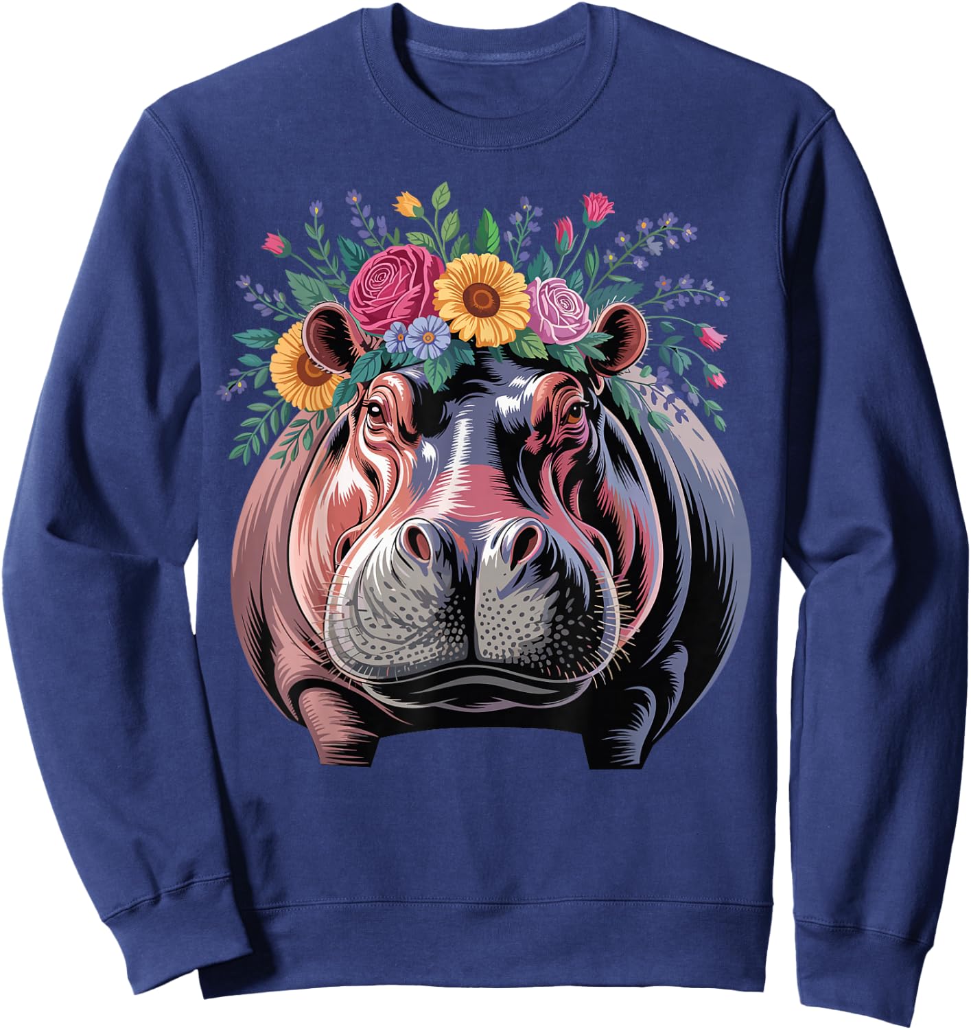Floral Aesthetic Hippopotamus Lover Animal Face Hippo Sweatshirt - Sweatshirt | Navy