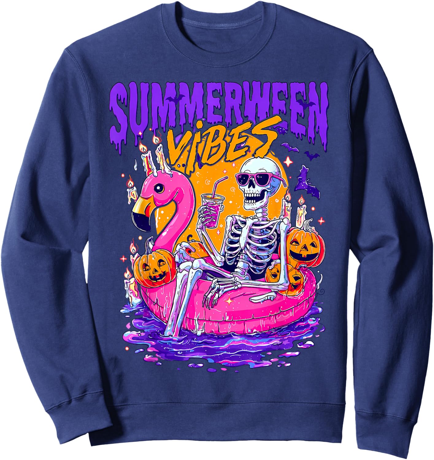 Summerween Funny Skeletons Halloween Floating Pool Pumpkin Sweatshirt - Sweatshirt | Navy