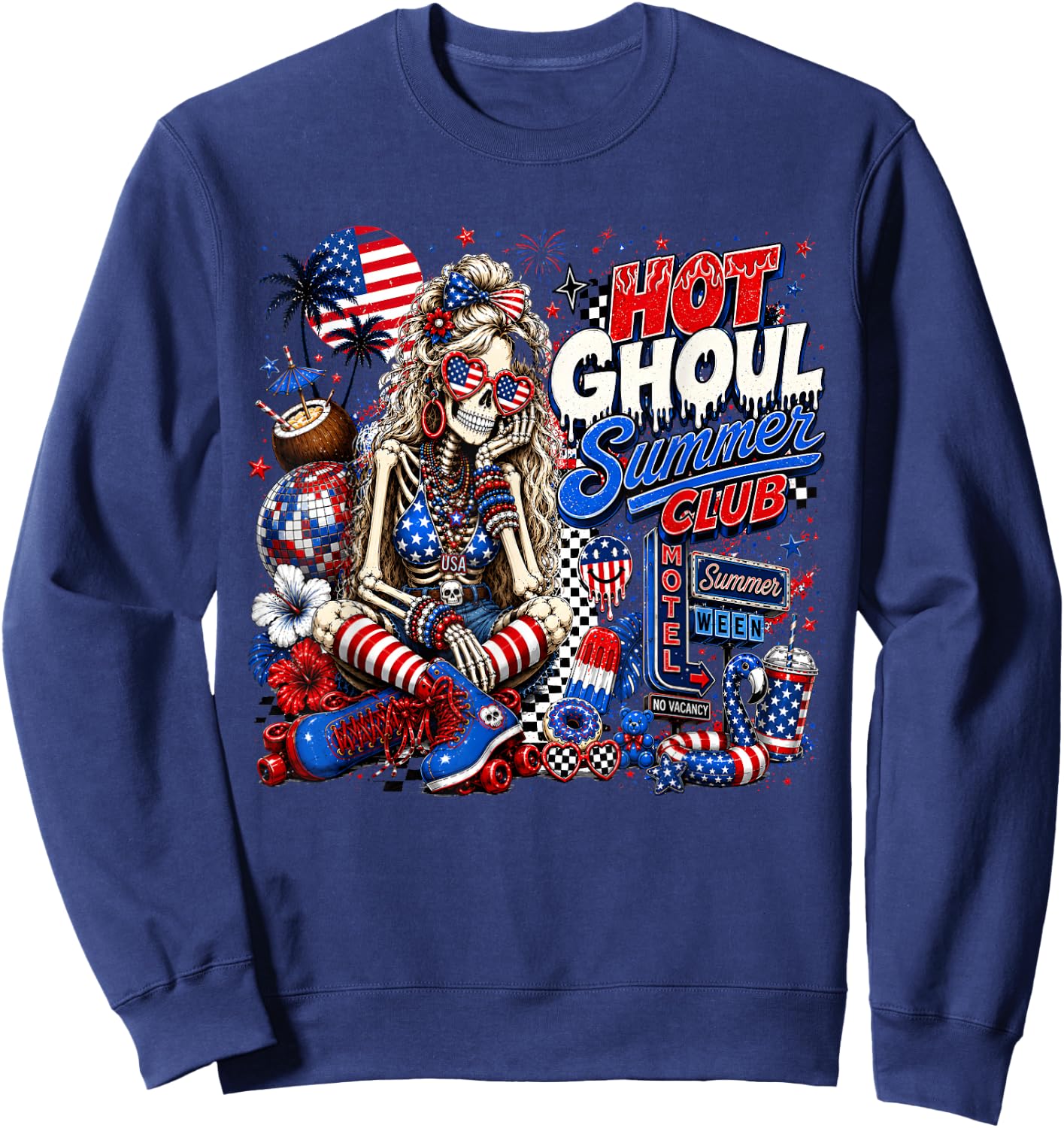 Hot Ghoul Summer Club, 4th of July Girl, Summerween Skeleton Sweatshirt - Sweatshirt | Navy