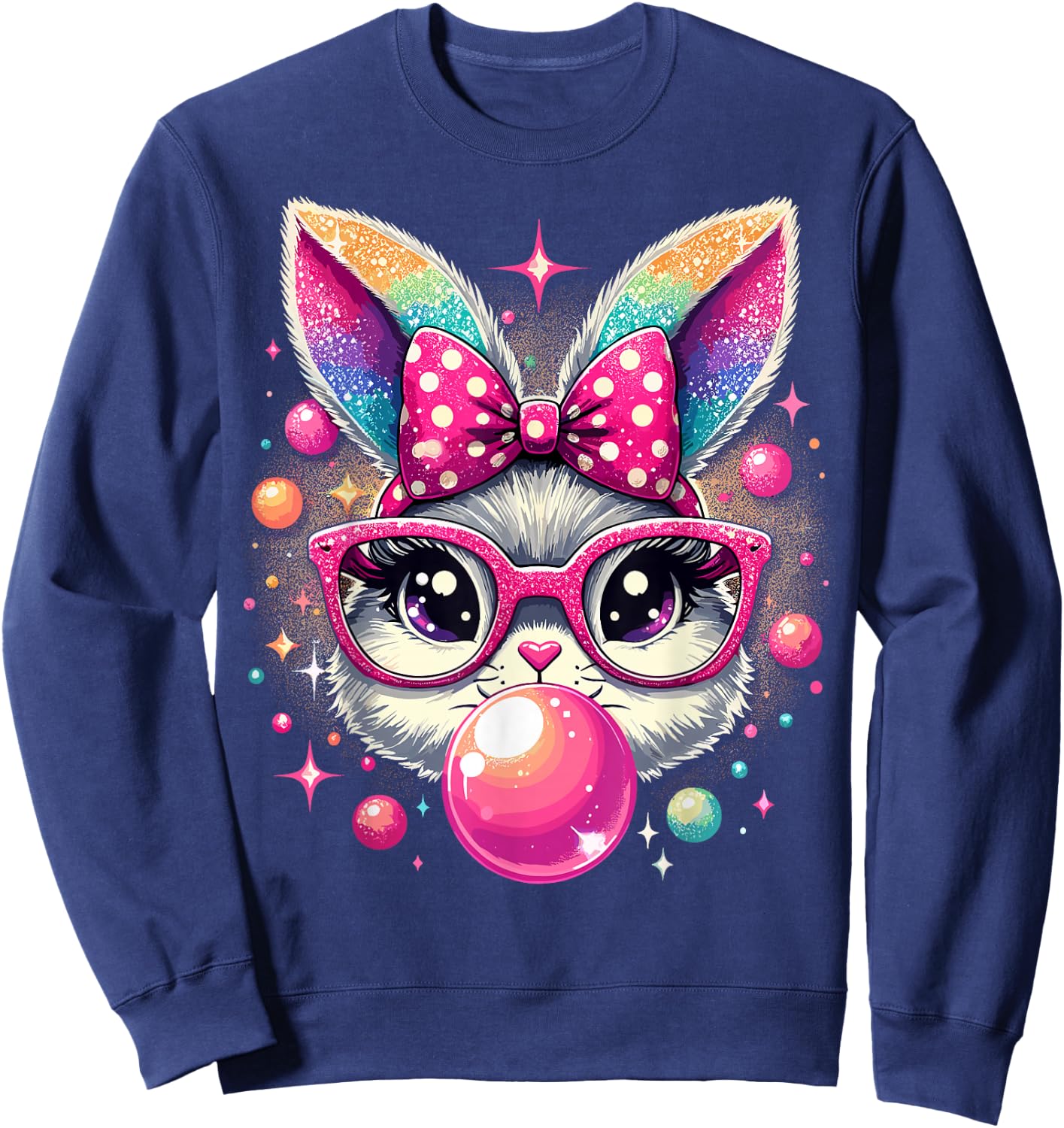 Happy Easter Bunny Tie Dye Coquette Bow Rabbit Face Easter Sweatshirt - Sweatshirt | Navy