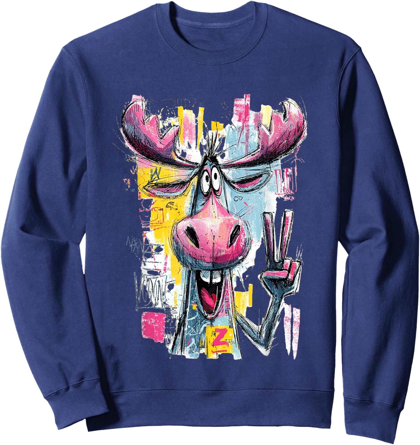 Funny Moose Peace Graffiti Pop Character Graphic Art Face Sweatshirt - Sweatshirt | Navy