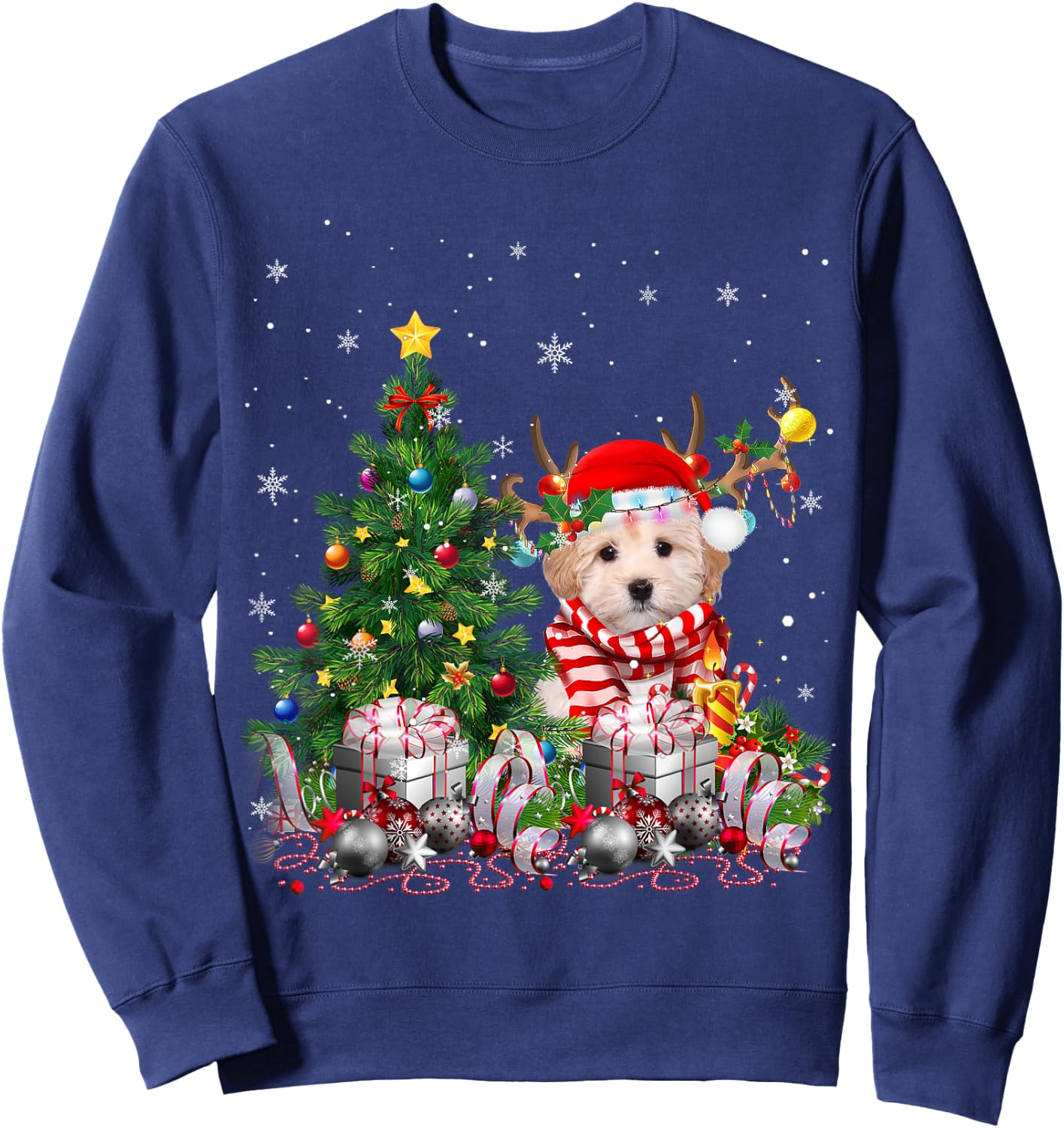 Maltipoo Dog Christmas Tree Lights Santa Pajamas Xmas Women Kids Sweatshirt - Sweatshirt | Navy