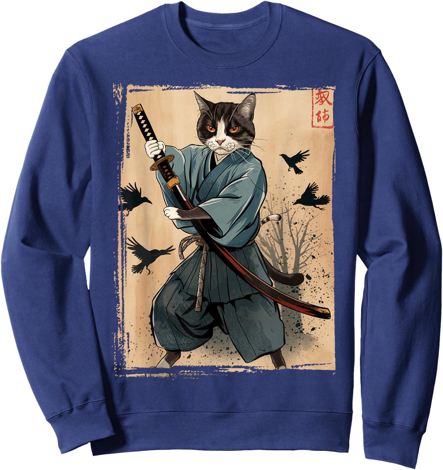 Samurai Cat Anime Cool Funny Graphic Women Kids Sweatshirt - Sweatshirt | Navy