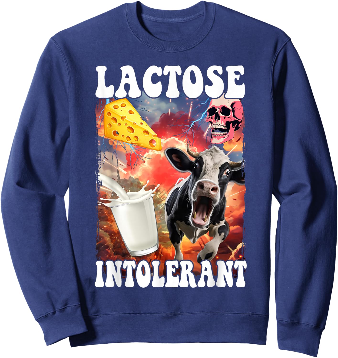 Laktose Intolerant Meme Milch Laktoseintoleranz - , Schwarz, S - Cartoon Meme Design, Klassische Passform, Kurzarm, Crew-Kragen, Laktoseintoleranz Humor Sweatshirt - Sweatshirt | Navy