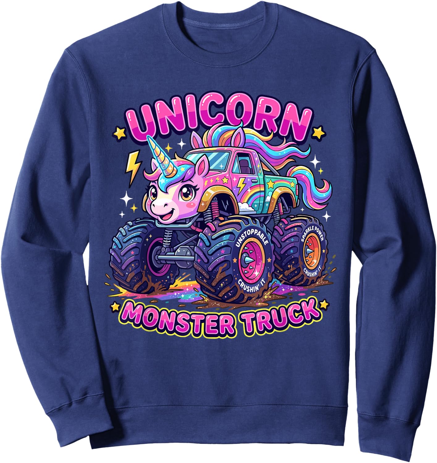 Monster Truck Unicorn Magical Rainbow Sparkle Girls Offroad Sweatshirt - Sweatshirt | Navy