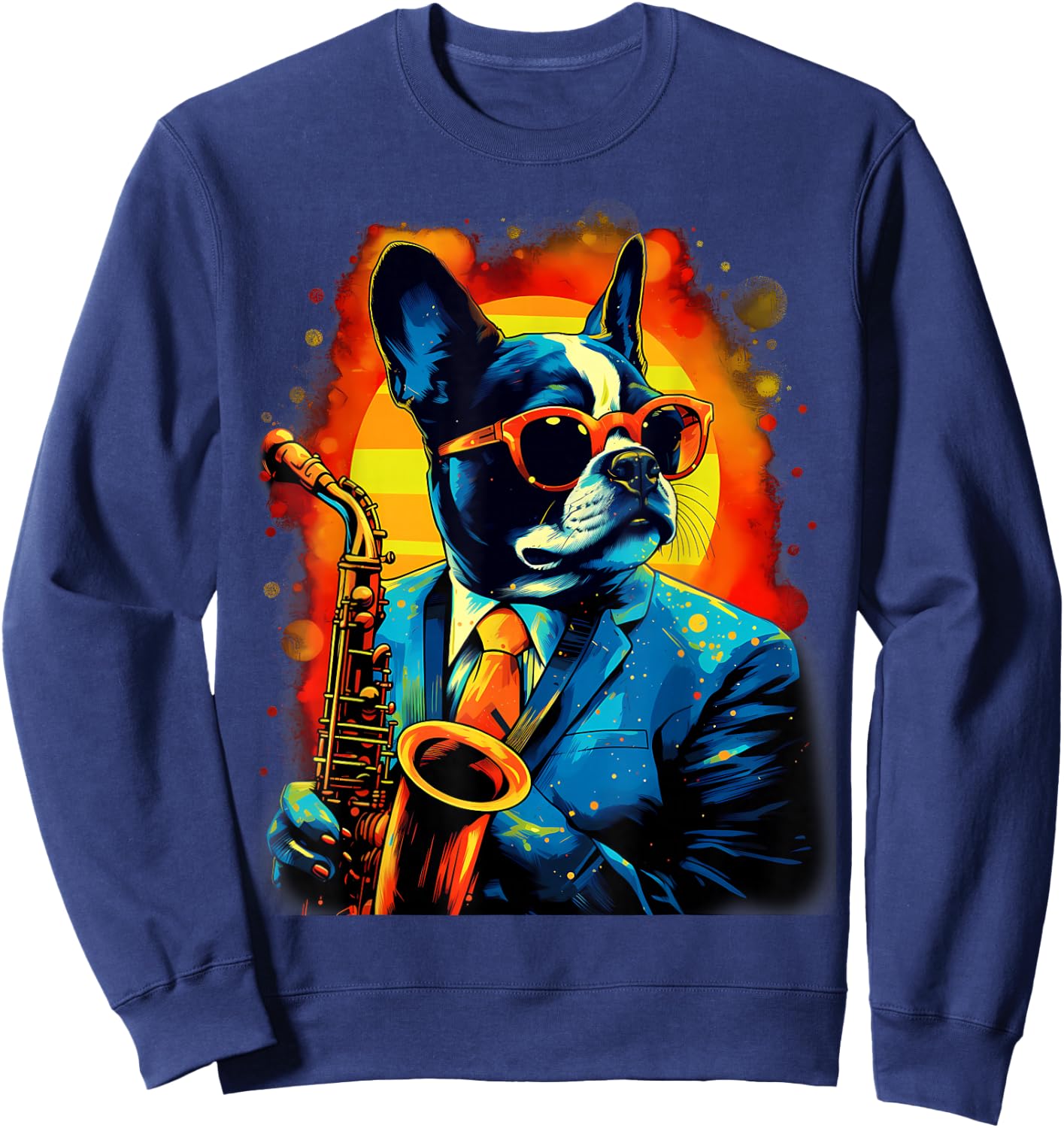 Jazz Musician Boston Terrier Dog Saxophone Sweatshirt - Sweatshirt | Navy
