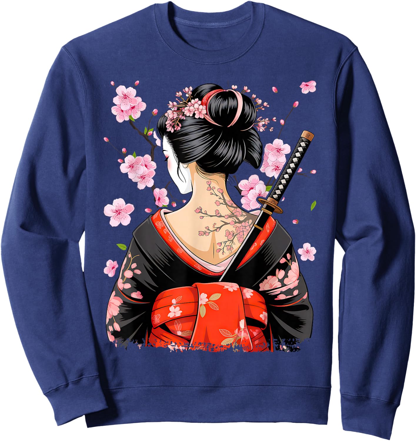 Japanese Samurai Girl Sakura Cherry Blossom Geisha Sweatshirt - Sweatshirt | Navy