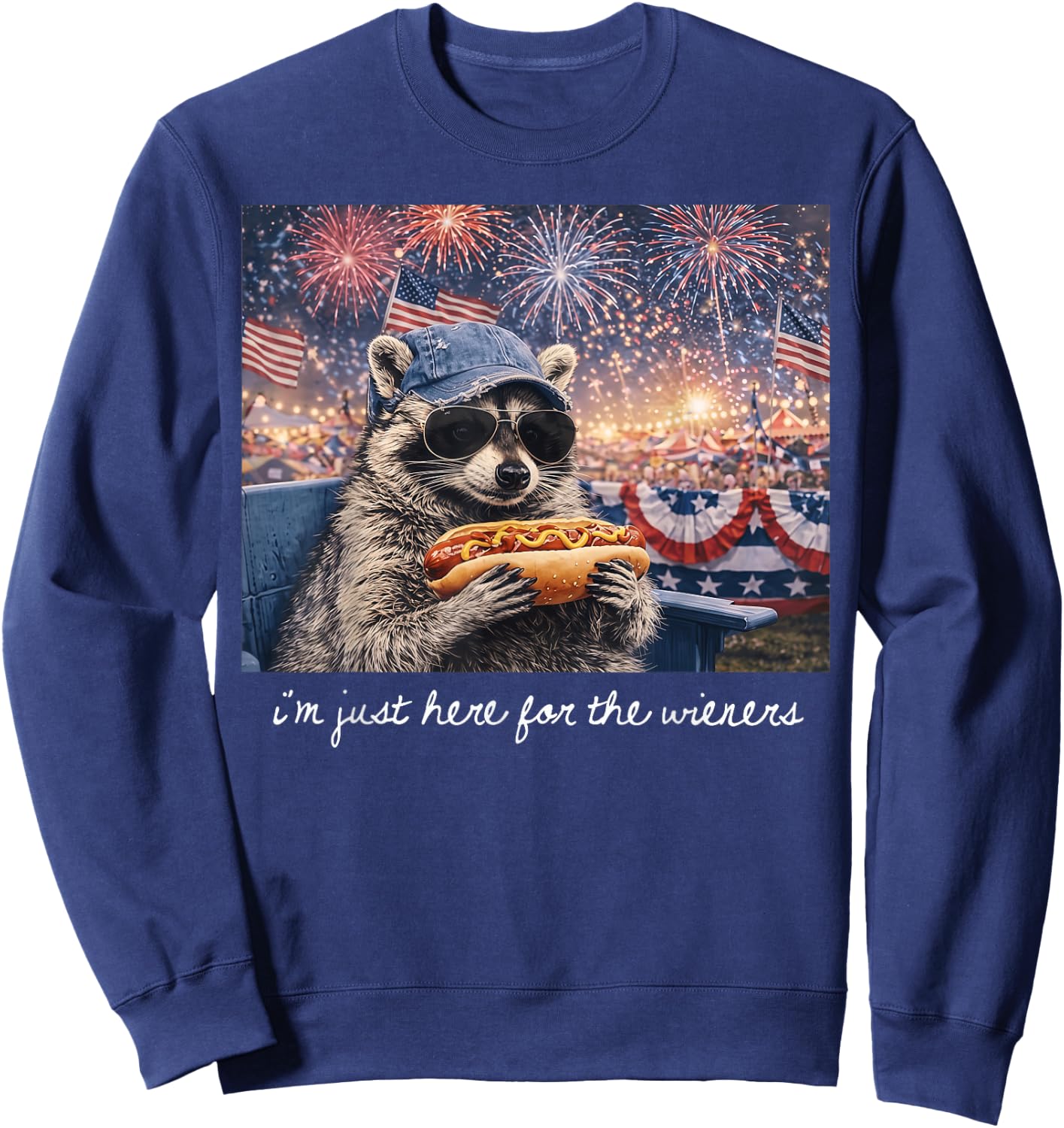 I'm Just Here for The Wieners Vintage Raccoon 4th of July Sweatshirt - Sweatshirt | Navy