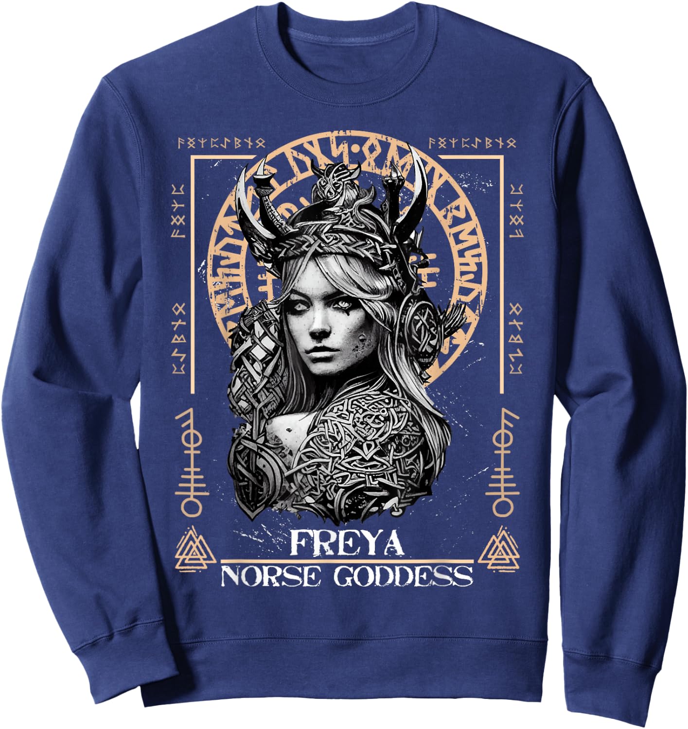 Norse Goddess Warrior Freya Viking Gods Designs - Erwachsene Schwarz Klein Kurzarm Keltische Wikinger-Mythologie Sweatshirt - Sweatshirt | Navy