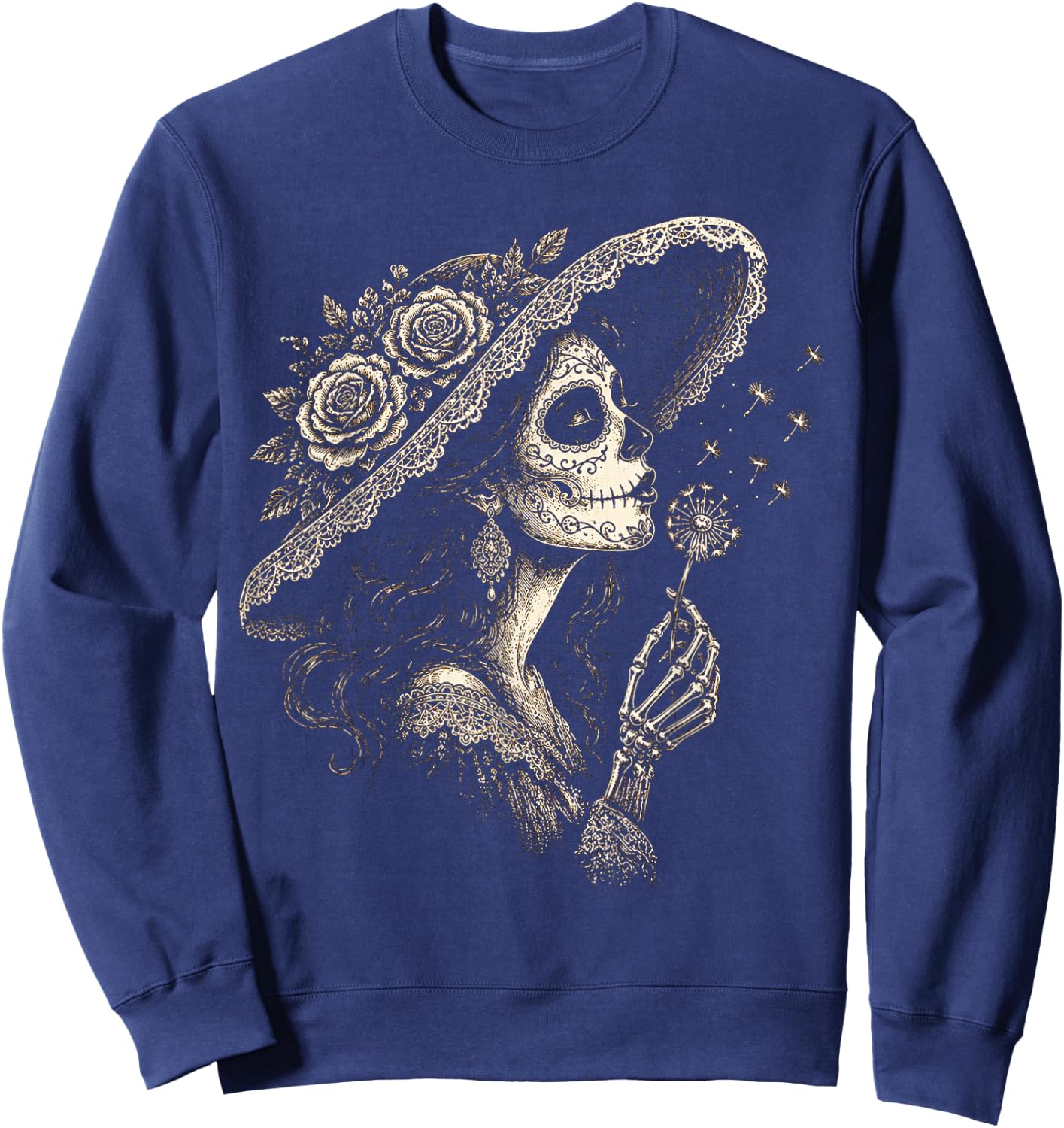la Catrina Blowing Wish Sugar Skull Lady Dandelion Art Sweatshirt - Sweatshirt | Navy