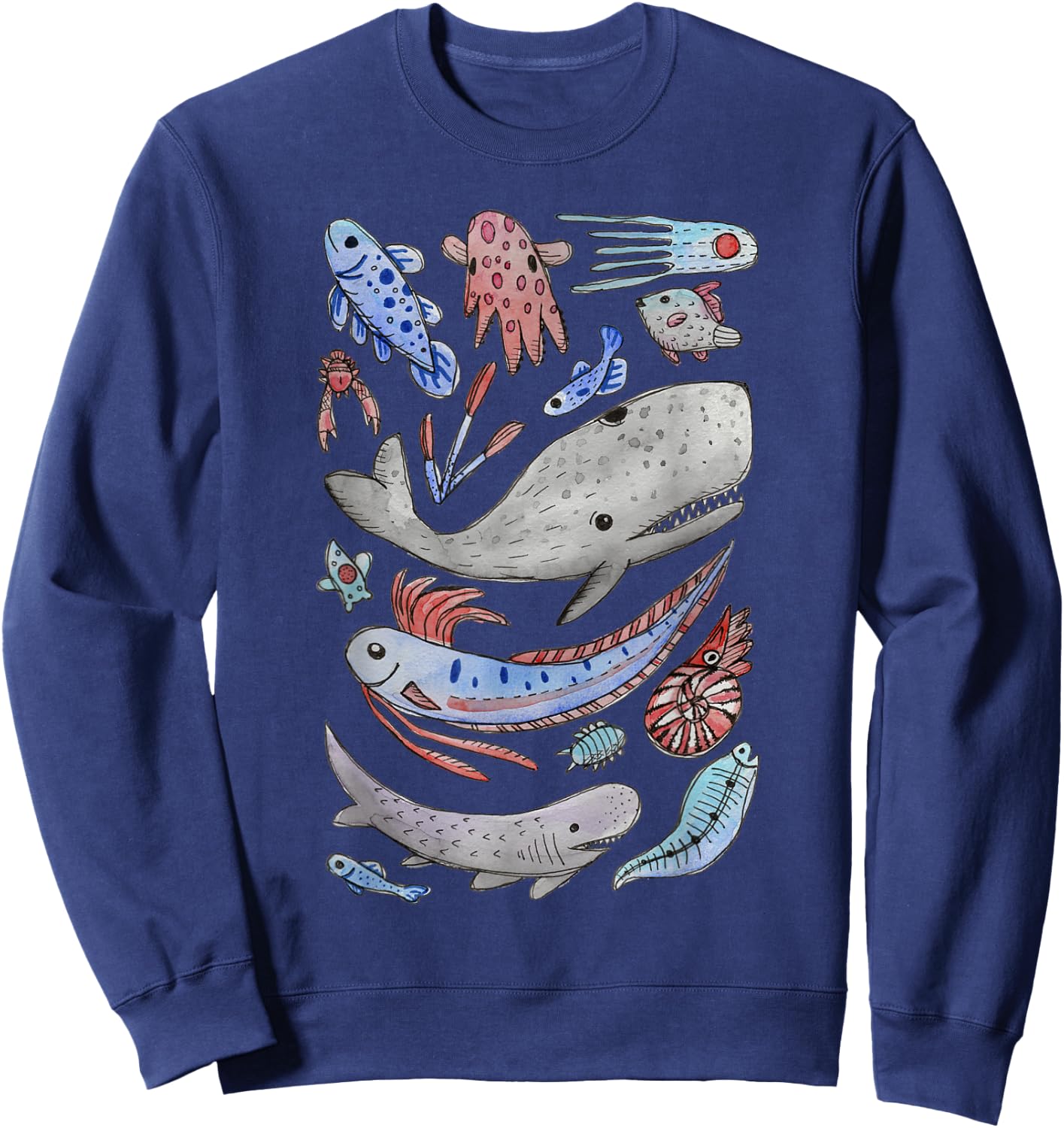 Deep Sea Ocean Creatures Oarfish Whale Shark Watercolor Sweatshirt - Sweatshirt | Navy
