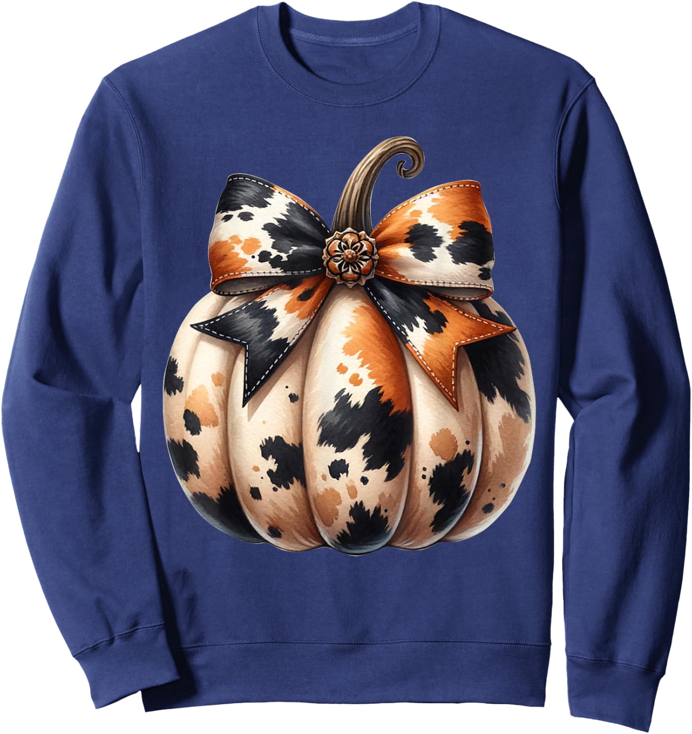 Coquette Pumpkin Cow Skin Autumn Pumpkin Cowhide Bow Fall Sweatshirt - Sweatshirt | Navy