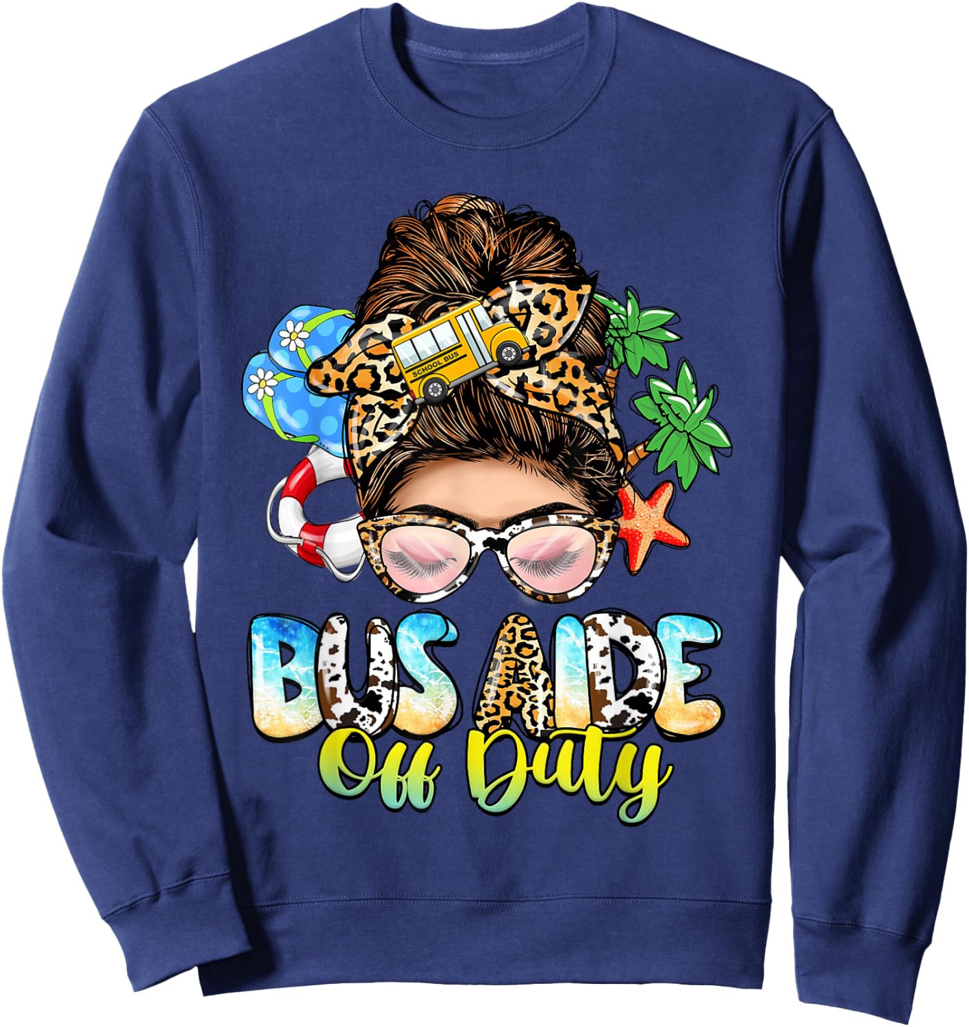 Buses Consultant Messy Bun Leopard Last Day of School Sweatshirt - Sweatshirt | Navy