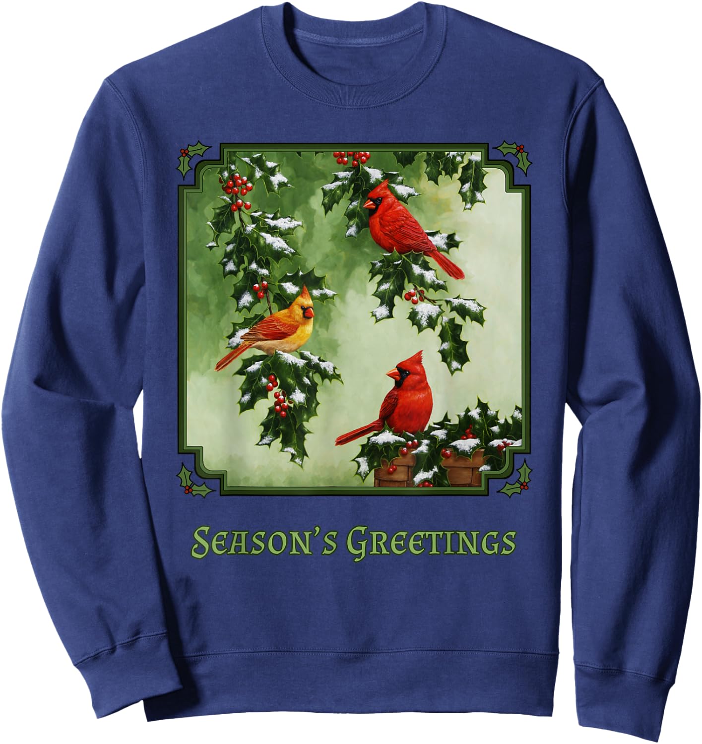 Red Cardinal Birds Christmas Holly Berries Leaves Snow Sweatshirt - Sweatshirt | Navy