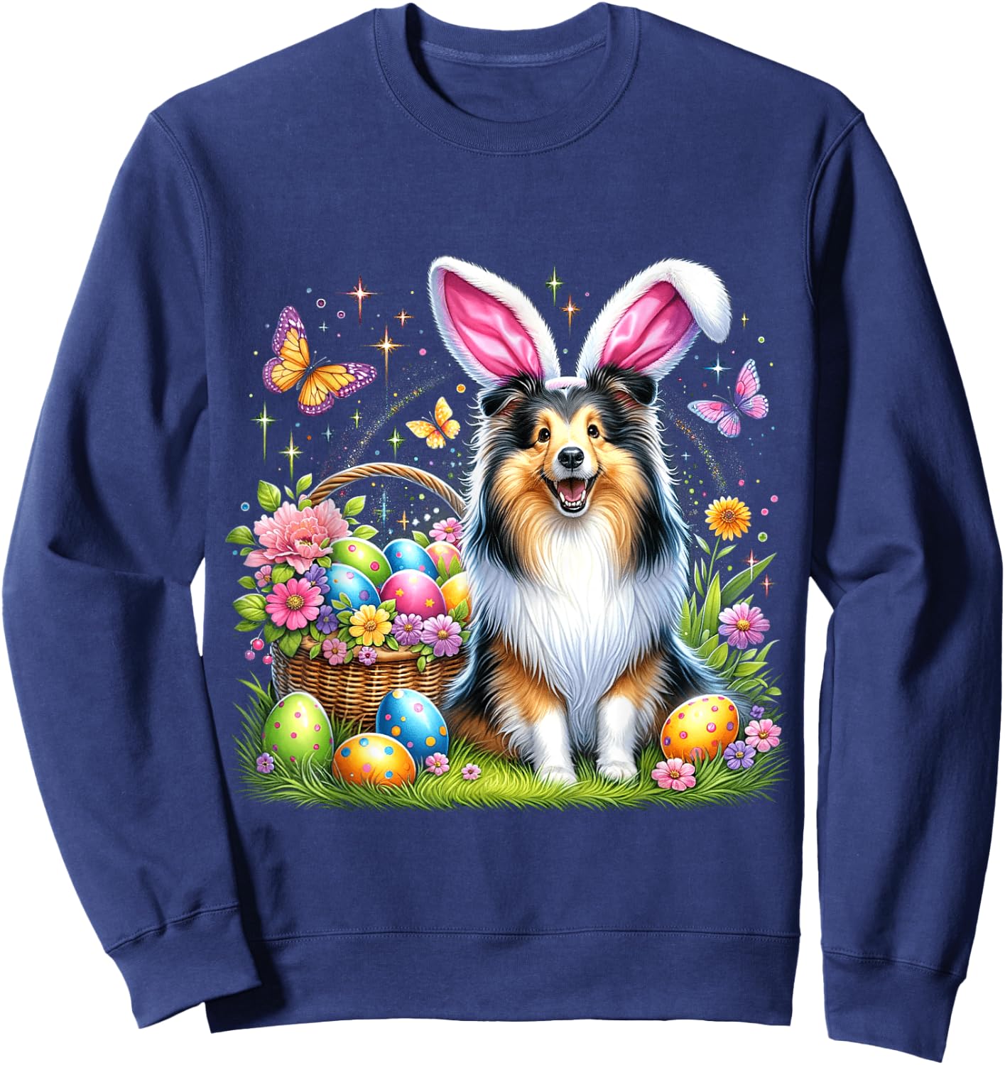 Cute Bunny Shetland Sheepdog Dog Easter Eggs Basket Party Sweatshirt - Sweatshirt | Navy