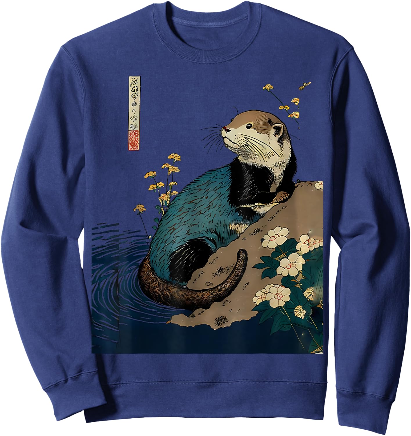 Floral Otter Water Japanese Art Print Sweatshirt - Sweatshirt | Navy
