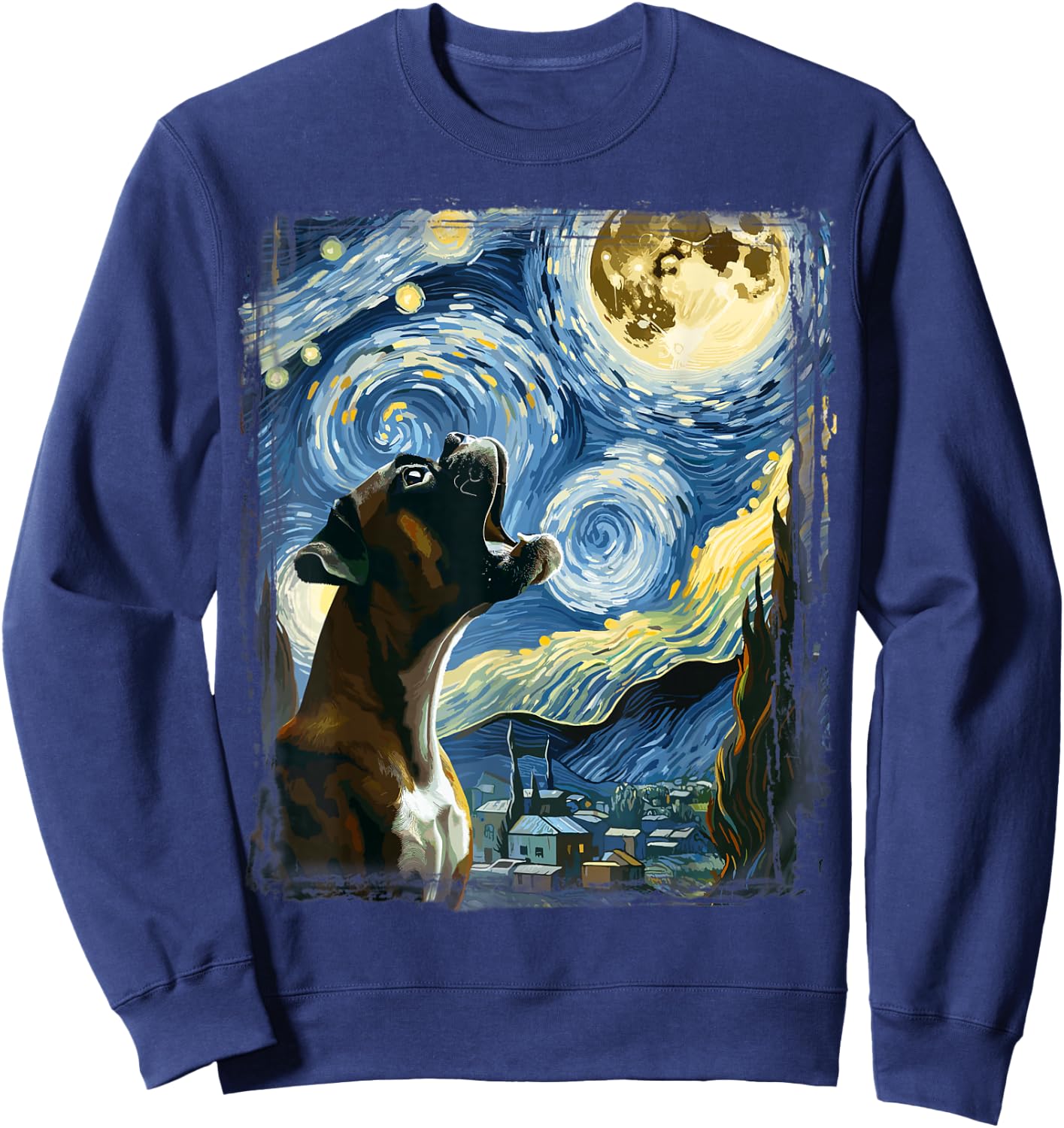 Boxer Dog Moonlit Canine Art Van Gogh Starry Night Boxer Sweatshirt - Sweatshirt | Navy