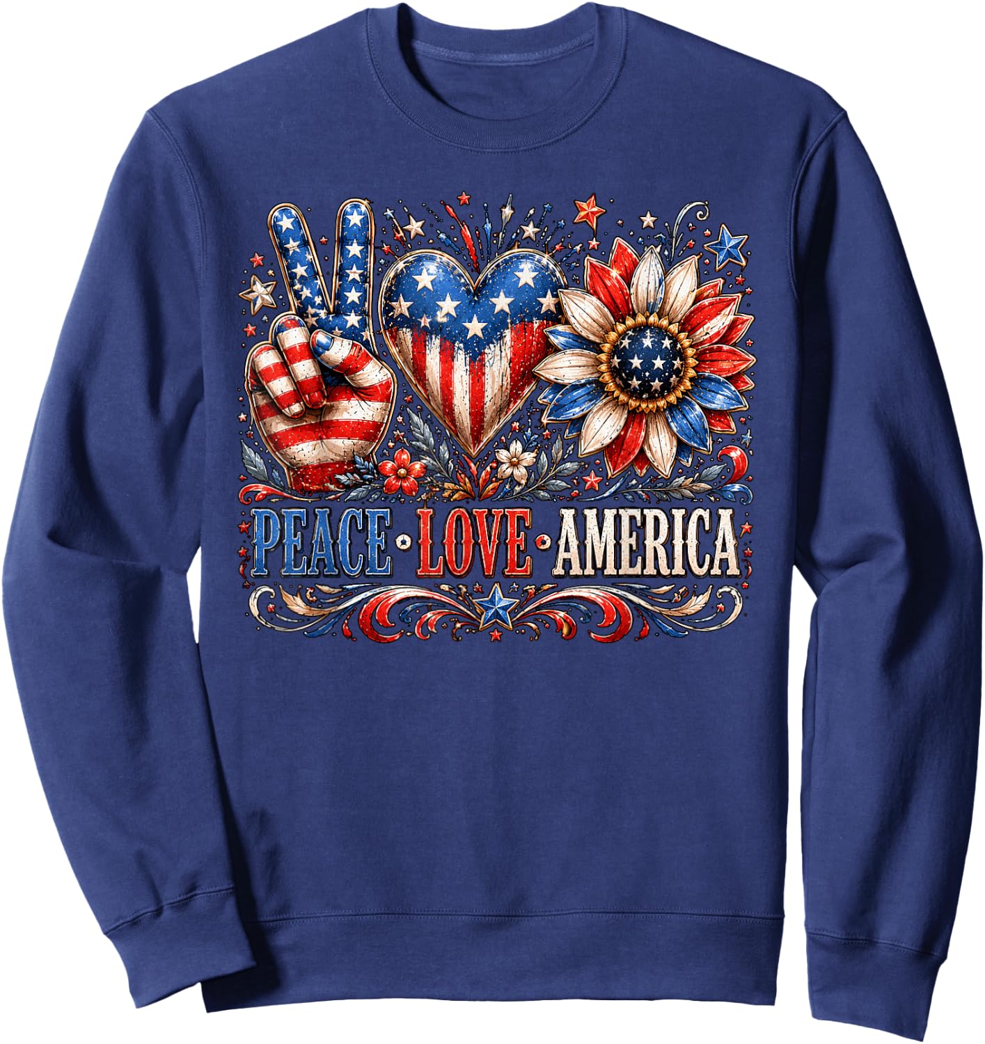 Patriotic Sunflower USA Flag Peace Love America 4th of July Sweatshirt - Sweatshirt | Navy