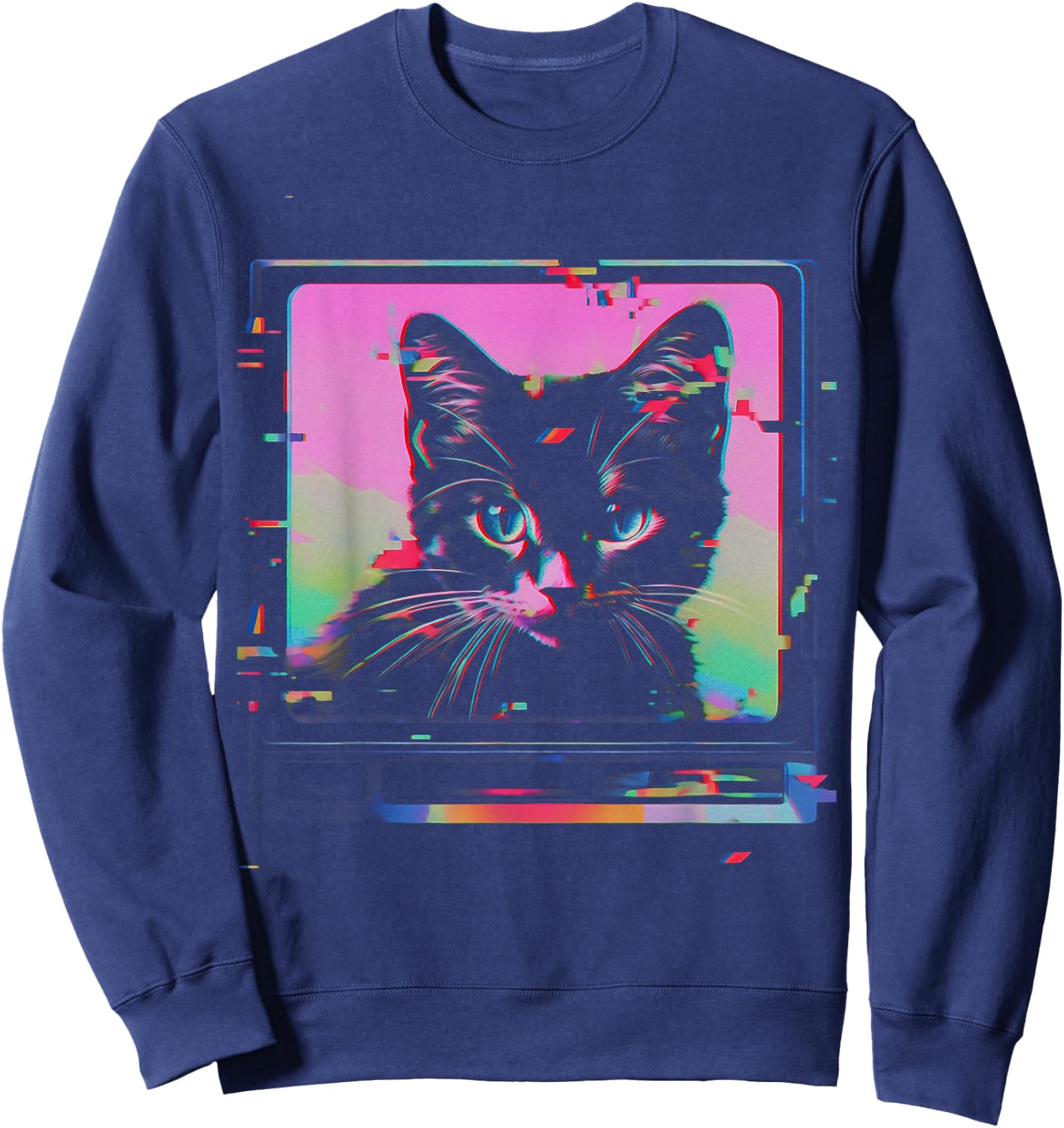 Psychedelic Trippy Glitch Cat | 80s 90s Vaporwave Synthwave Sweatshirt - Sweatshirt | Navy