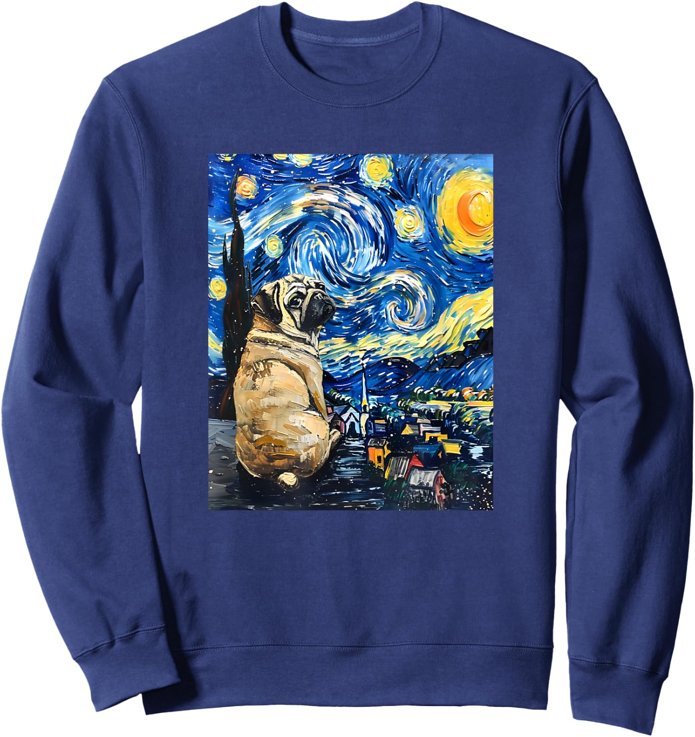 Cute Van Gogh Pug Starry Night Funny Dog Women Men Sweatshirt - Sweatshirt | Navy