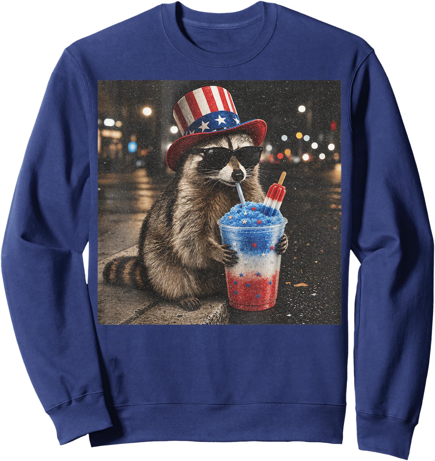 4th of July Raccoon Drinking Red White Blue Slushie Popsicle Sweatshirt - Sweatshirt | Navy