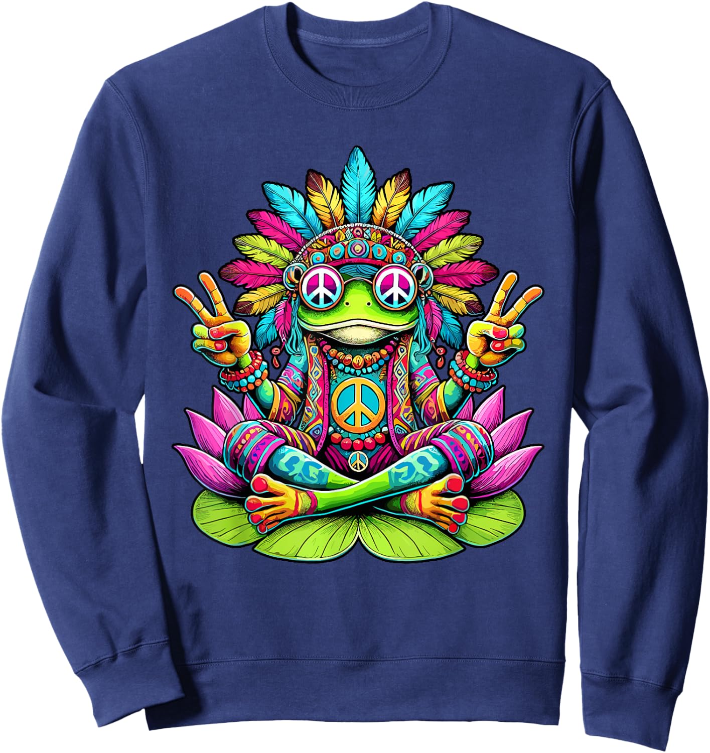 Hippie frog, peace sign, 70s and 60s party, sunglasses , Black, S Sweatshirt - Sweatshirt | Navy