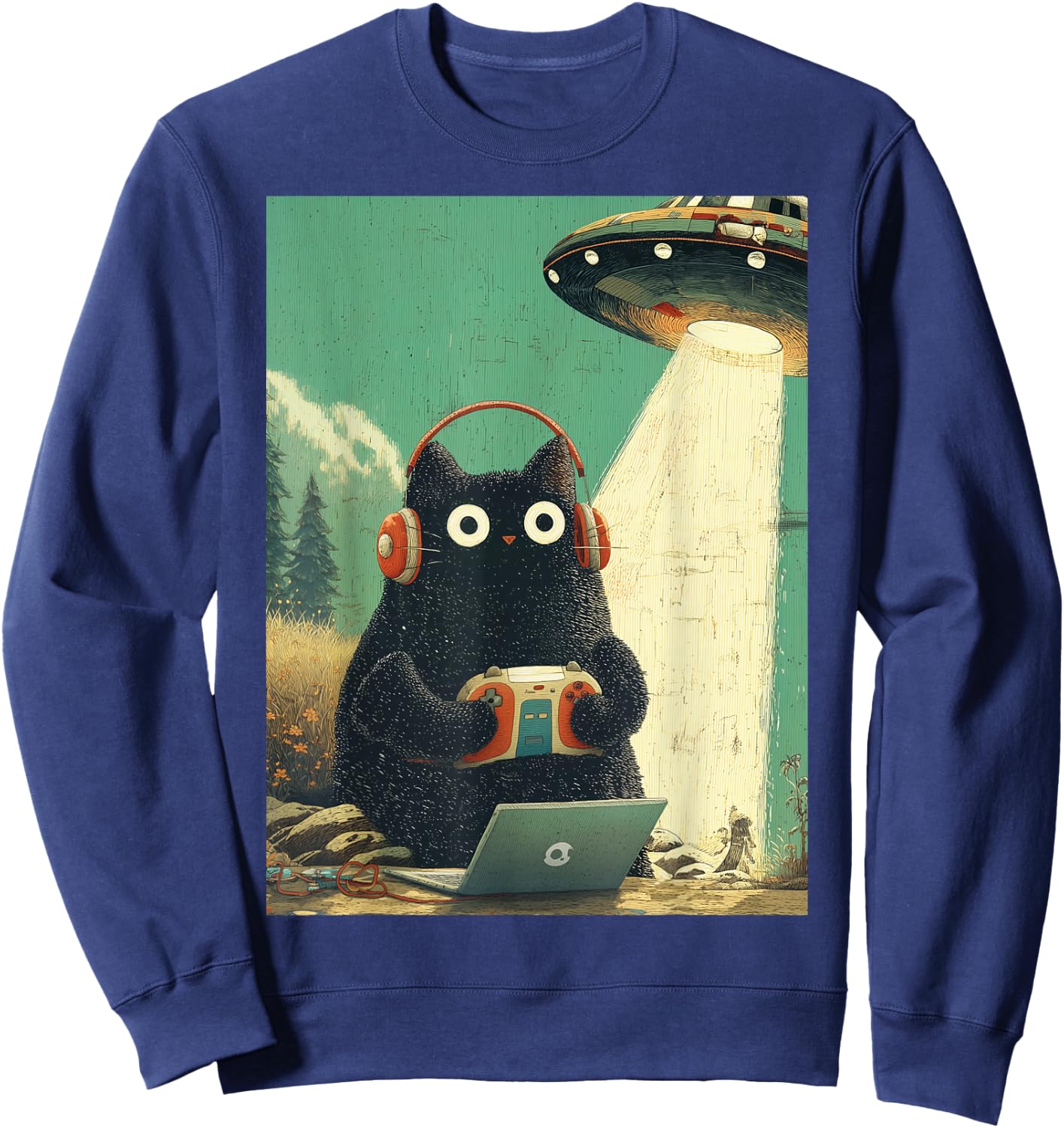 Vintage Japanische Katze Gamer Videospiele Abduktion UFO Anime Sweatshirt - Sweatshirt | Navy