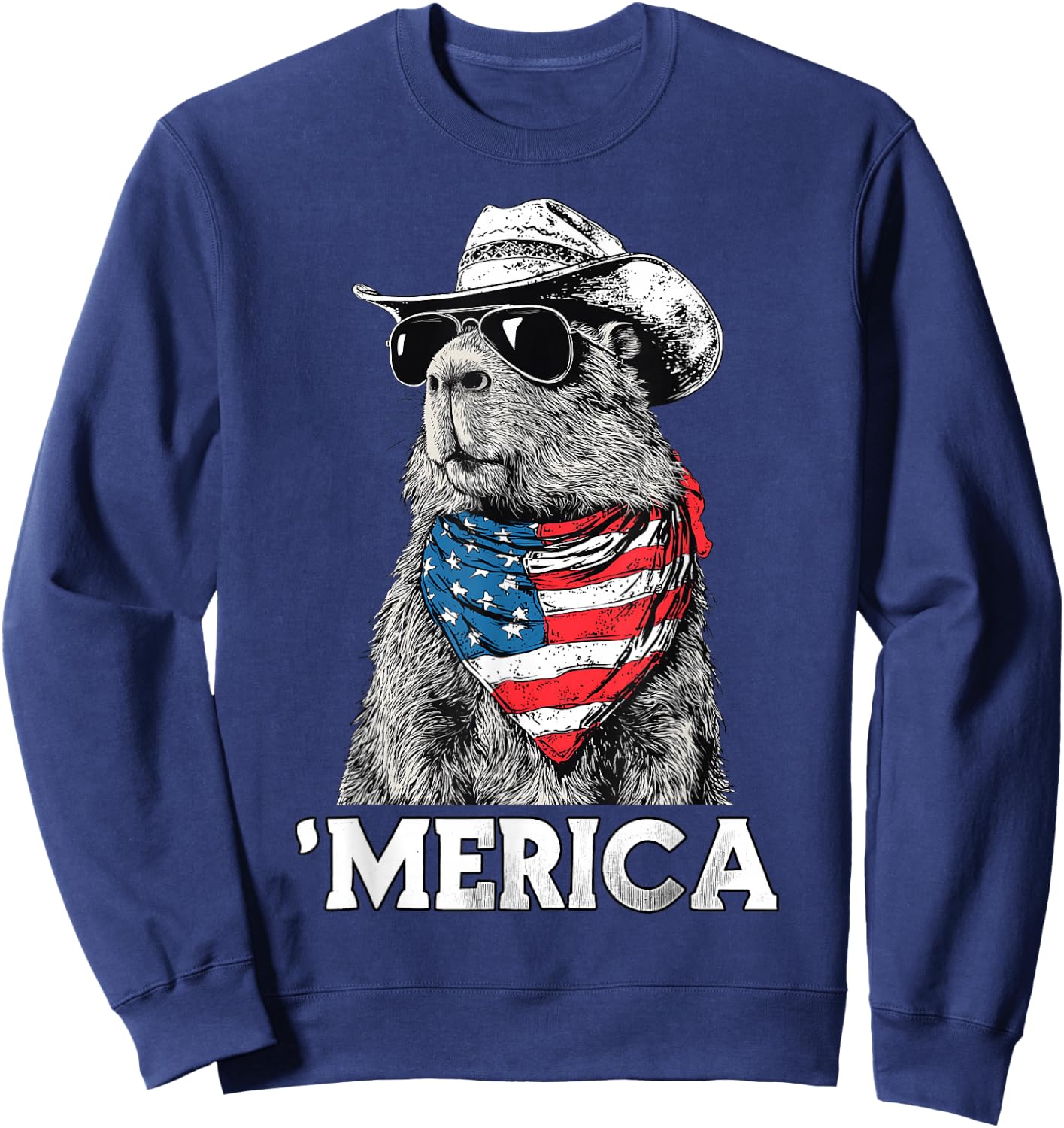 Capybara Sunglasses American Flag Bandana Cowboy Hat Country Sweatshirt - Sweatshirt | Navy