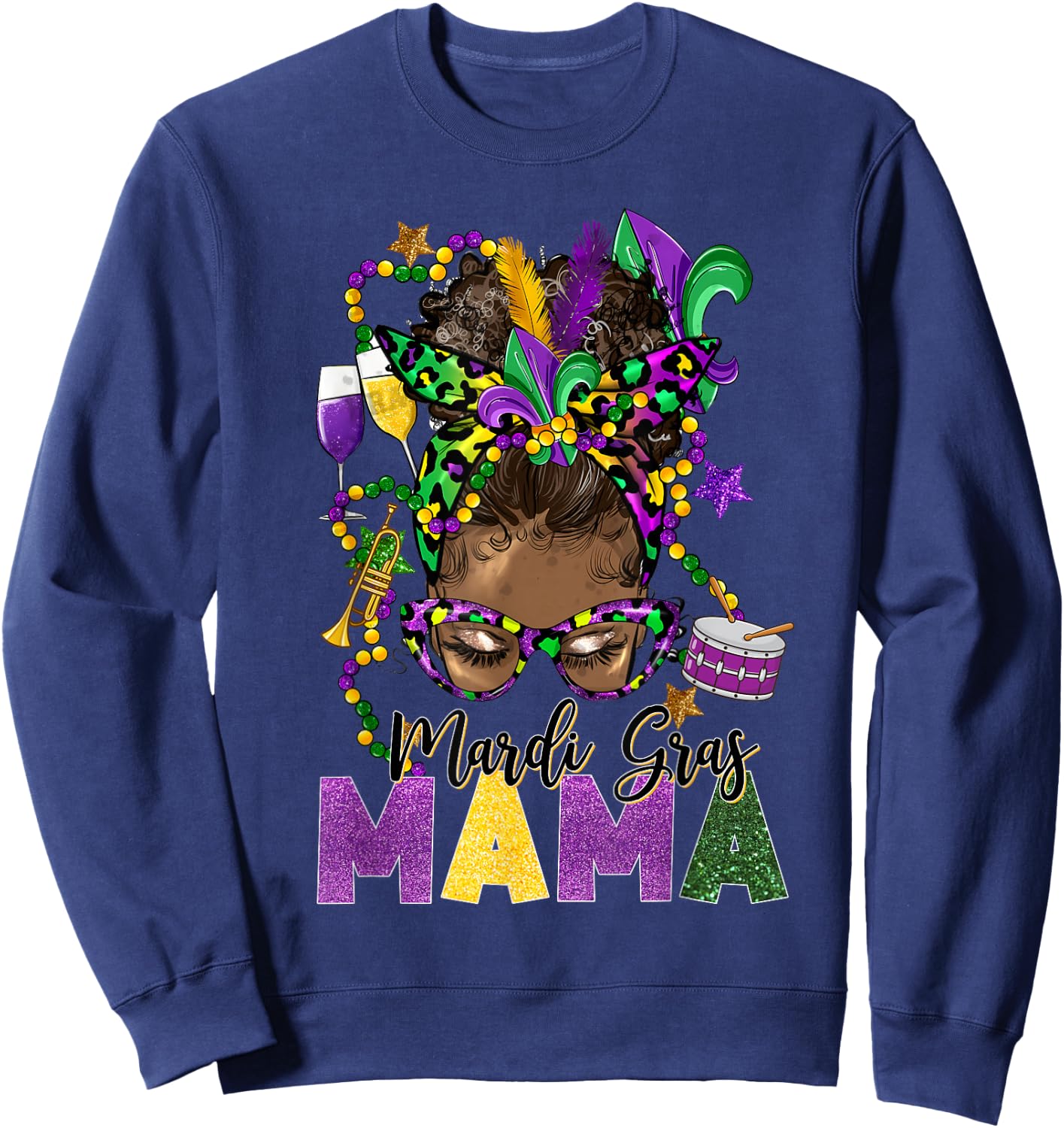 Mardi Gras Mama Messy Bun Women Carnival Party Sweatshirt - Sweatshirt | Navy