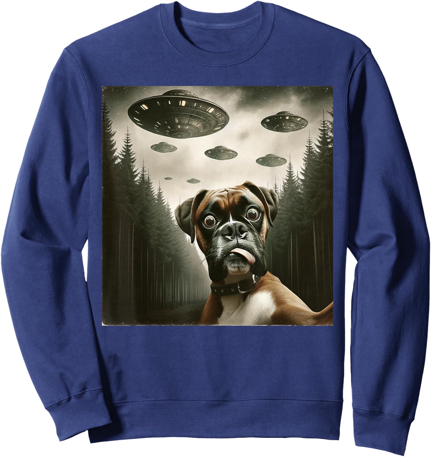 Funny Boxer Dog Selfie with UFOs Alien Dog Sweatshirt - Sweatshirt | Navy