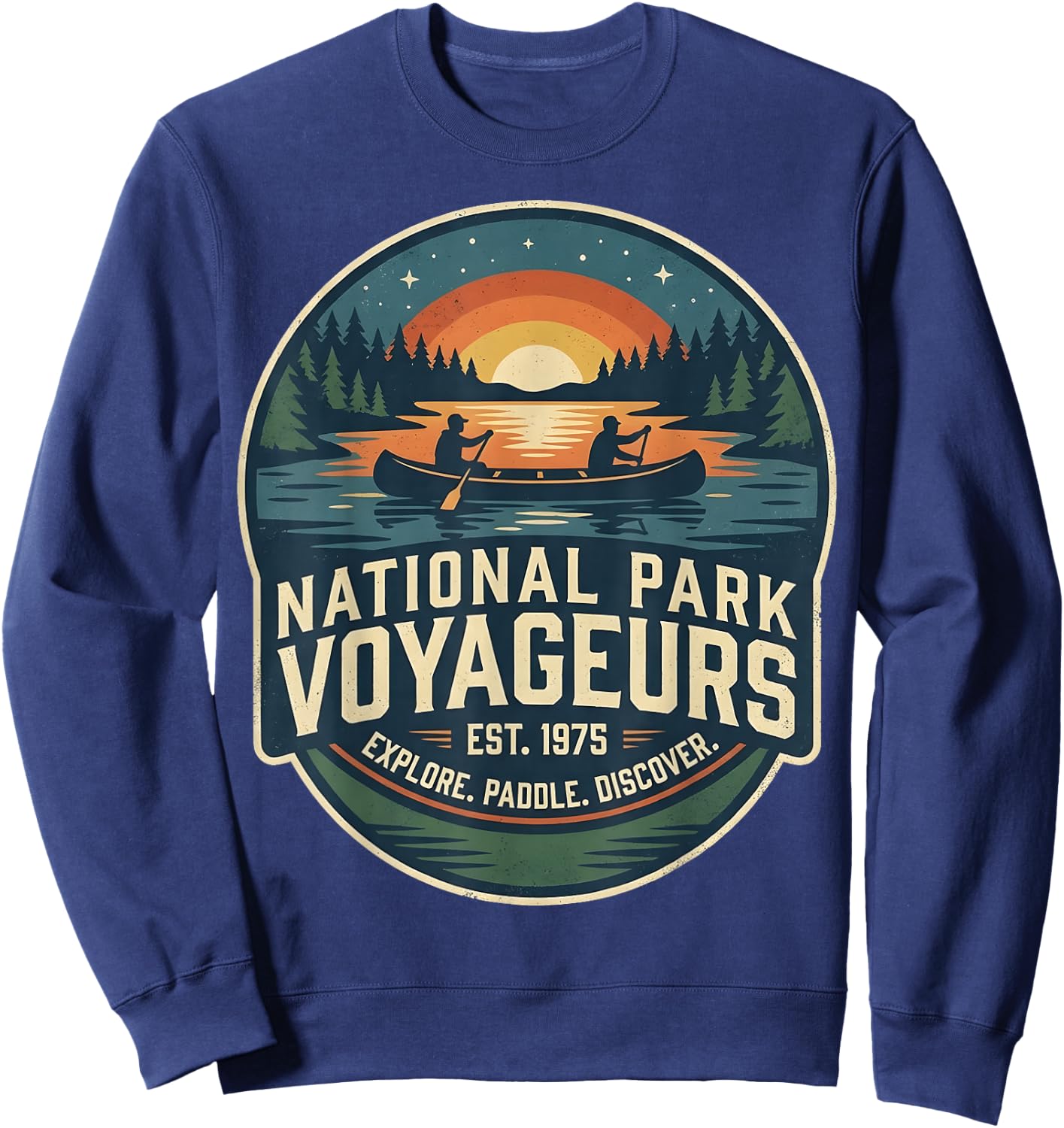 National Park Voyageurs Retro Sunset Canoe Paddling Badge Sweatshirt - Sweatshirt | Navy