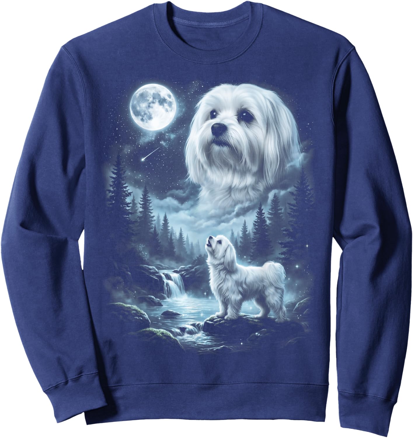 Maltese Howling to the Moon Retro 90's Dog Sweatshirt - Sweatshirt | Navy