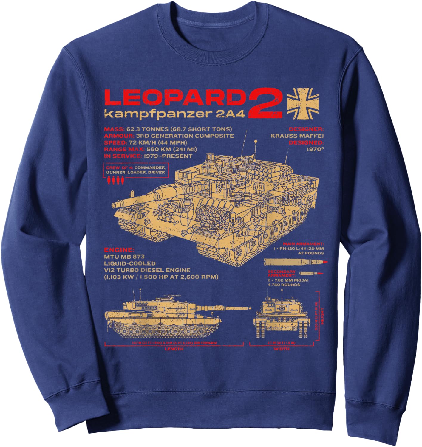 Leopard 2 2A4 Panzer Panzer Fahrzeug Blueprint Sweatshirt - Sweatshirt | Navy