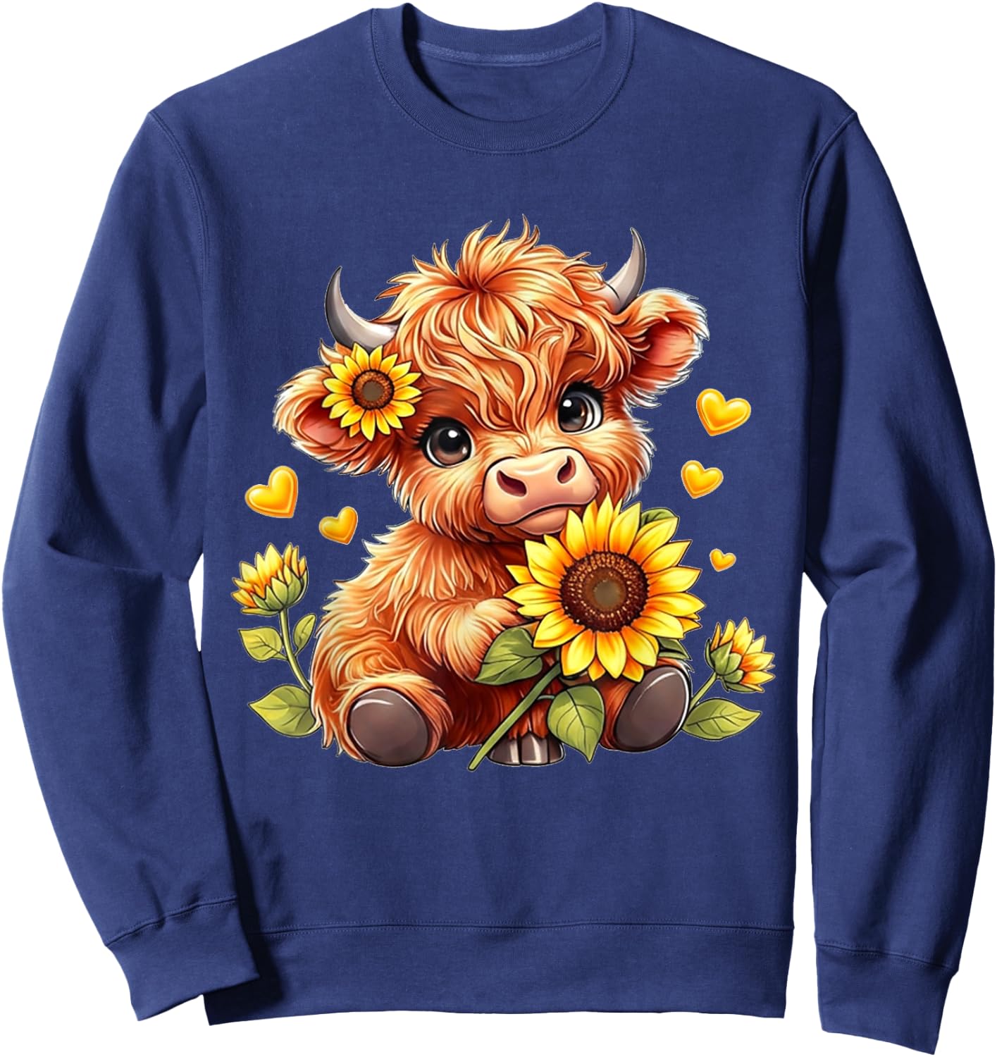 Cute Highland Cow Sunflowers Girls Women Animal Lovers Sweatshirt - Sweatshirt | Navy