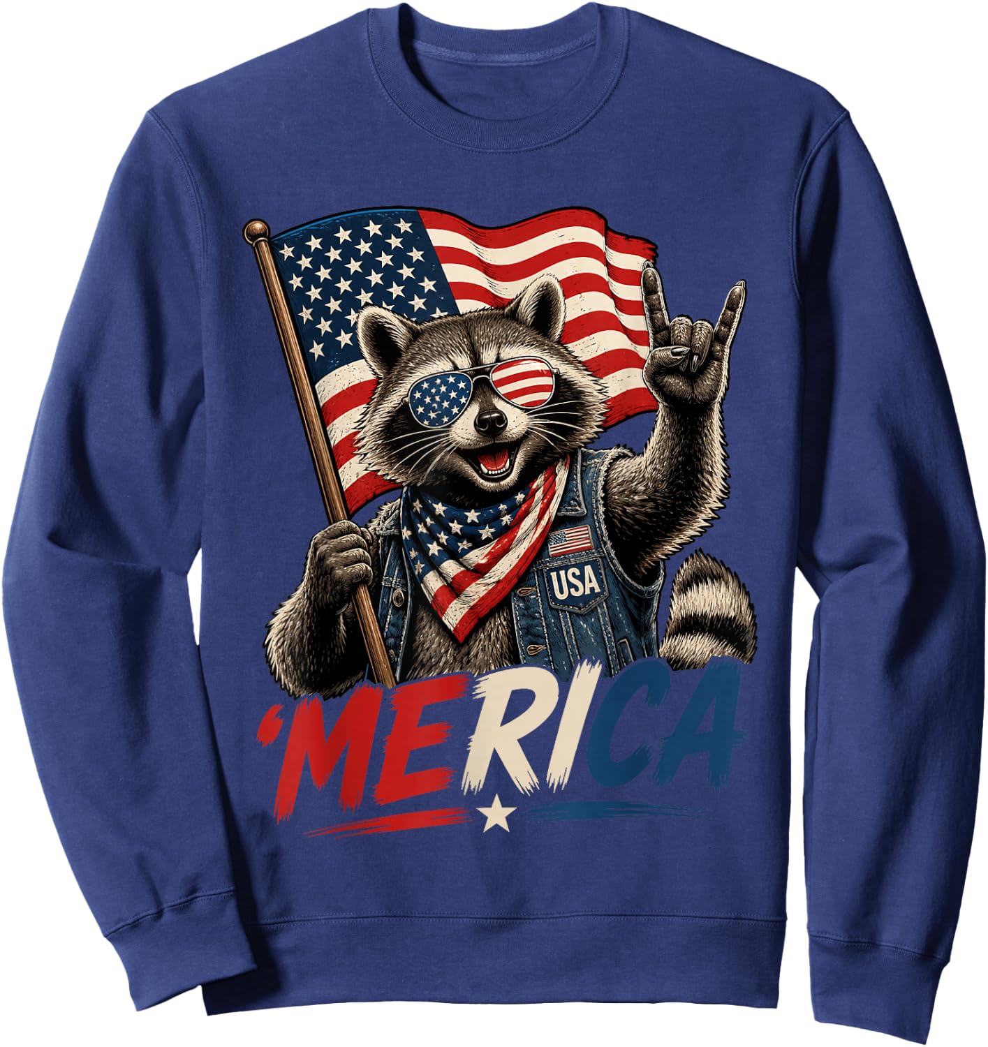 4th of July Raccoon Merica Rock Men Women Kid USA Flag Sweatshirt - Sweatshirt | Navy