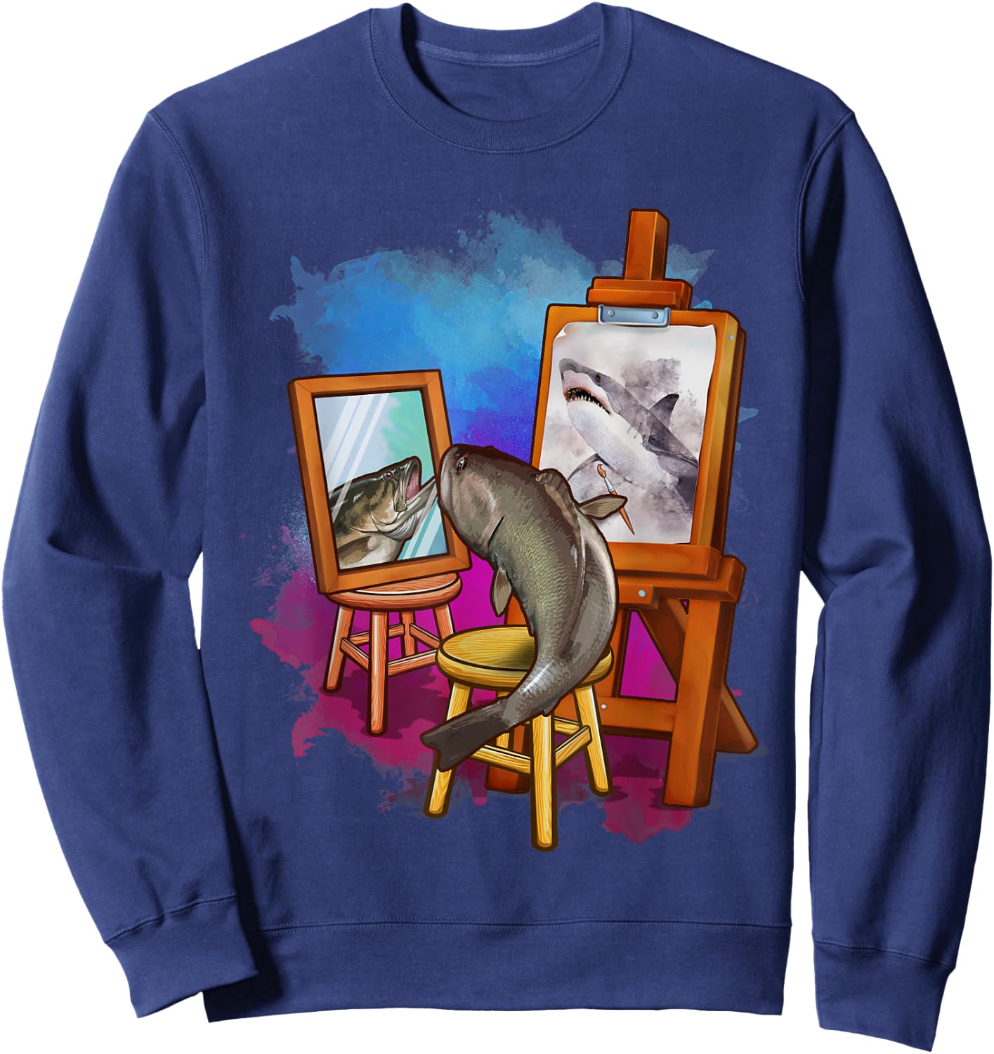 Cute Fish Painting Shark Artistic Animals Lover Graphic Sweatshirt - Sweatshirt | Navy