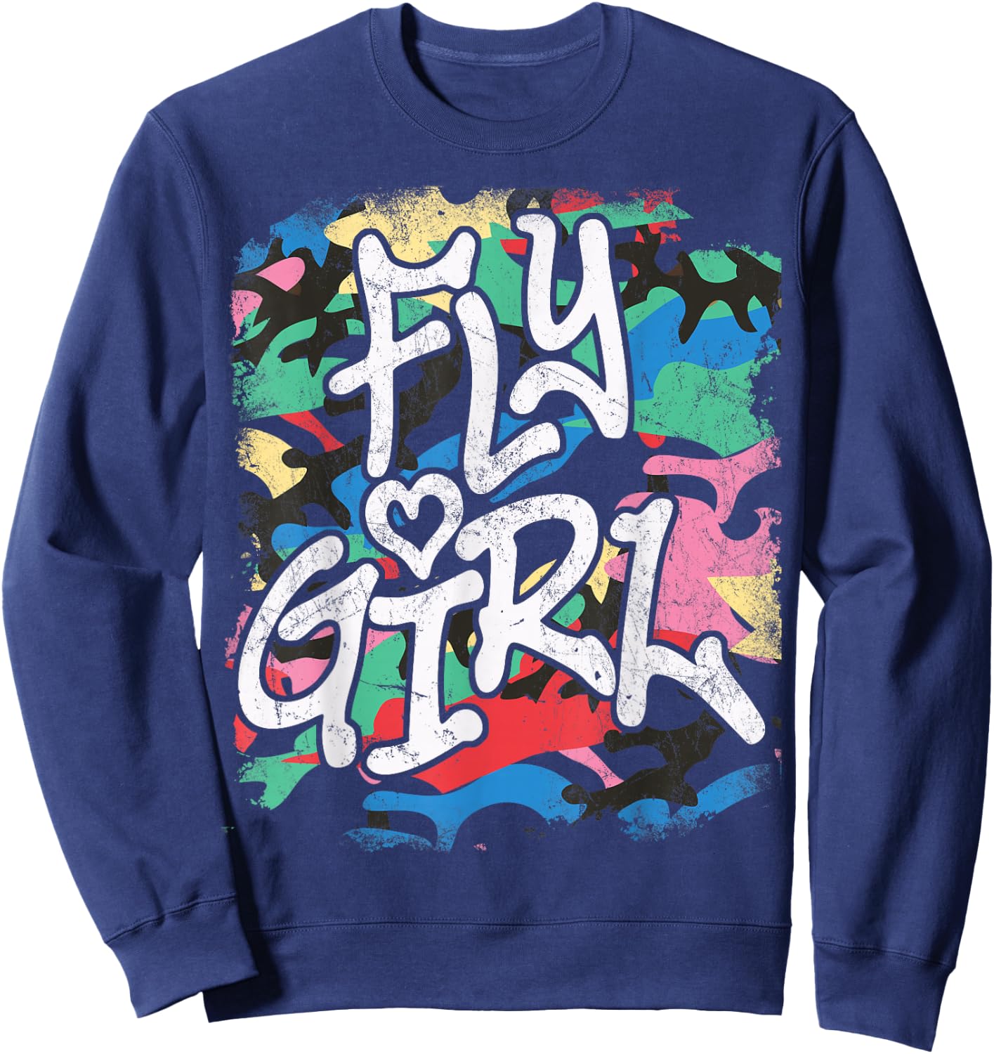 Fly Girl 80s 90s Old School Distressed Camo B-Girl Hip Hop Sweatshirt - Sweatshirt | Navy